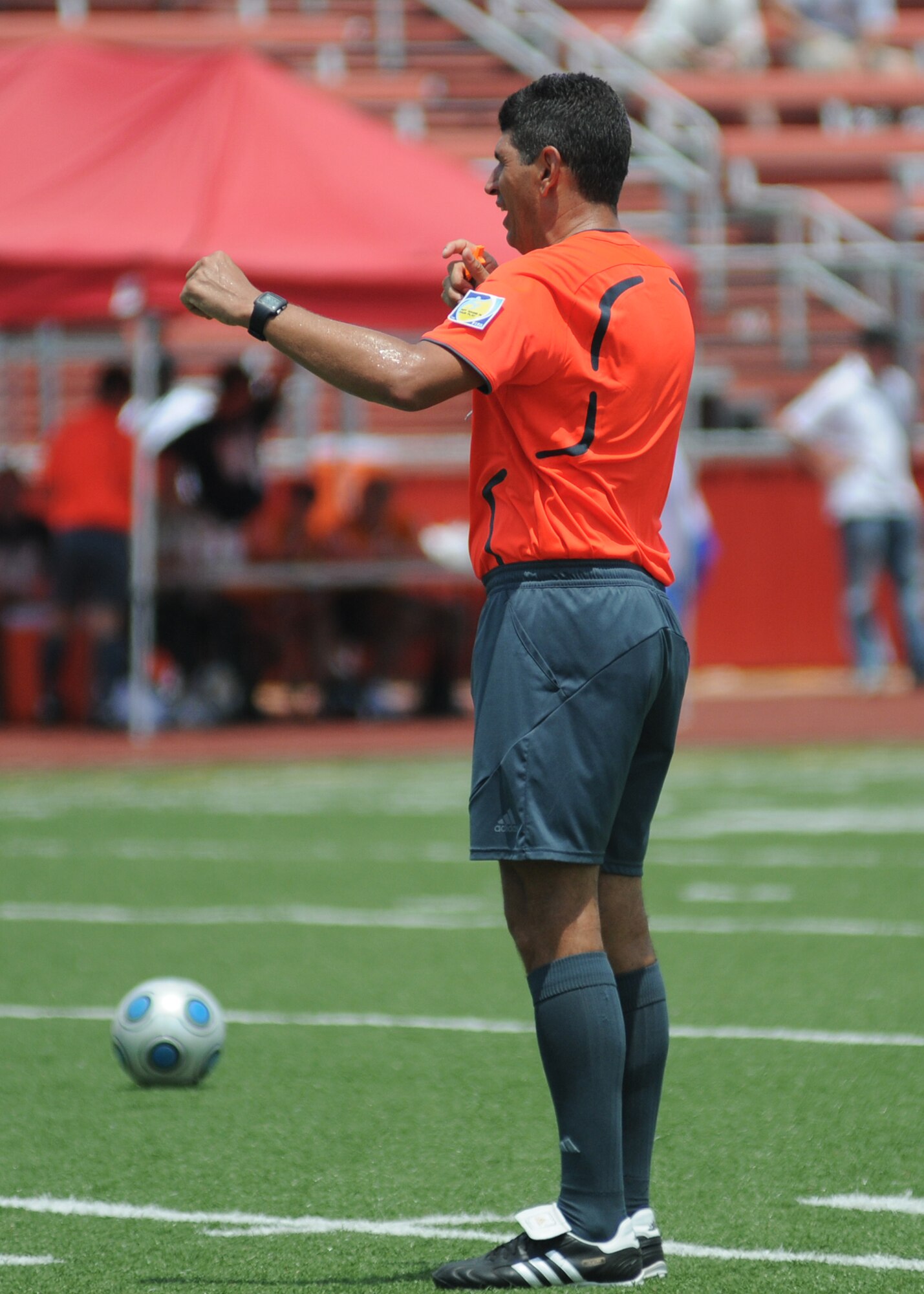 Germany took the consolation match over Canada, 4-1, during the final day of the 5th CISM Women’s Soccer Championship at the Biloxi High Stadium, June 13.  The CISM tournament, hosted by Keesler Air Force Base, also included teams from Brazil, France, The Netherlands, the Republic of South Korea and the United States.   The Brazilian team won the gold medal, Korea earned the silver medal and The Netherlands took the bronze medal.  (U.S. Air Force photo by Kemberly Groue)