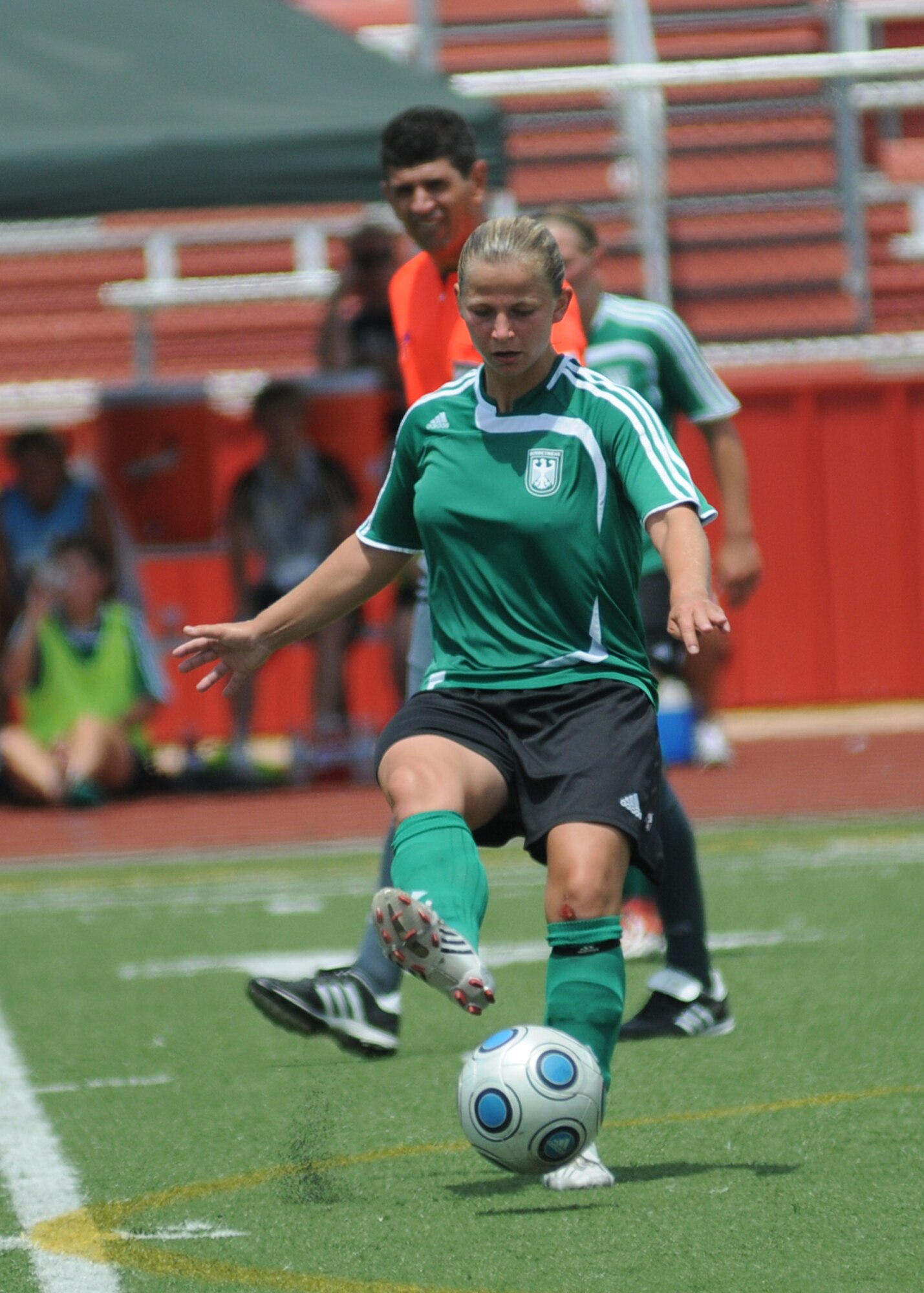 Germany took the consolation match over Canada, 4-1, during the final day of the 5th CISM Women’s Soccer Championship at the Biloxi High Stadium, June 13.  The CISM tournament, hosted by Keesler Air Force Base, also included teams from Brazil, France, The Netherlands, the Republic of South Korea and the United States.   The Brazilian team won the gold medal, Korea earned the silver medal and The Netherlands took the bronze medal.  (U.S. Air Force photo by Kemberly Groue)