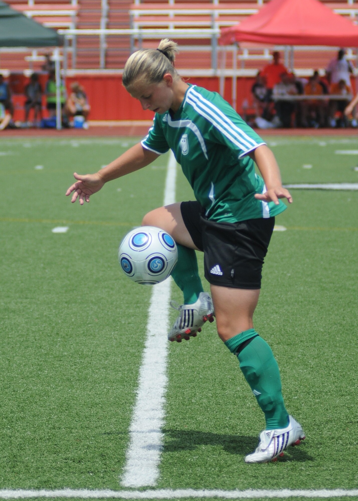 Germany took the consolation match over Canada, 4-1, during the final day of the 5th CISM Women’s Soccer Championship at the Biloxi High Stadium, June 13.  The CISM tournament, hosted by Keesler Air Force Base, also included teams from Brazil, France, The Netherlands, the Republic of South Korea and the United States.   The Brazilian team won the gold medal, Korea earned the silver medal and The Netherlands took the bronze medal.  (U.S. Air Force photo by Kemberly Groue)
