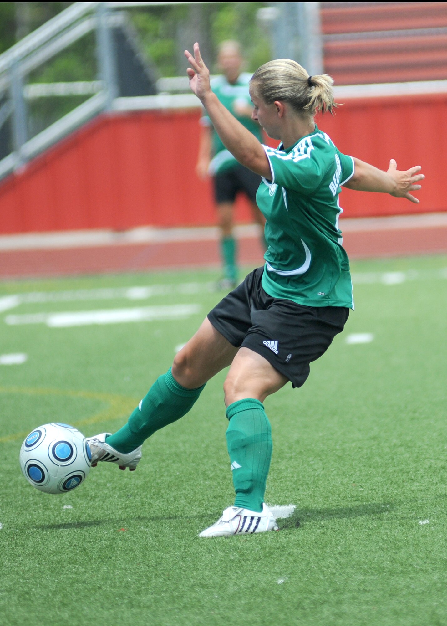 Germany took the consolation match over Canada, 4-1, during the final day of the 5th CISM Women’s Soccer Championship at the Biloxi High Stadium, June 13.  The CISM tournament, hosted by Keesler Air Force Base, also included teams from Brazil, France, The Netherlands, the Republic of South Korea and the United States.   The Brazilian team won the gold medal, Korea earned the silver medal and The Netherlands took the bronze medal.  (U.S. Air Force photo by Kemberly Groue)