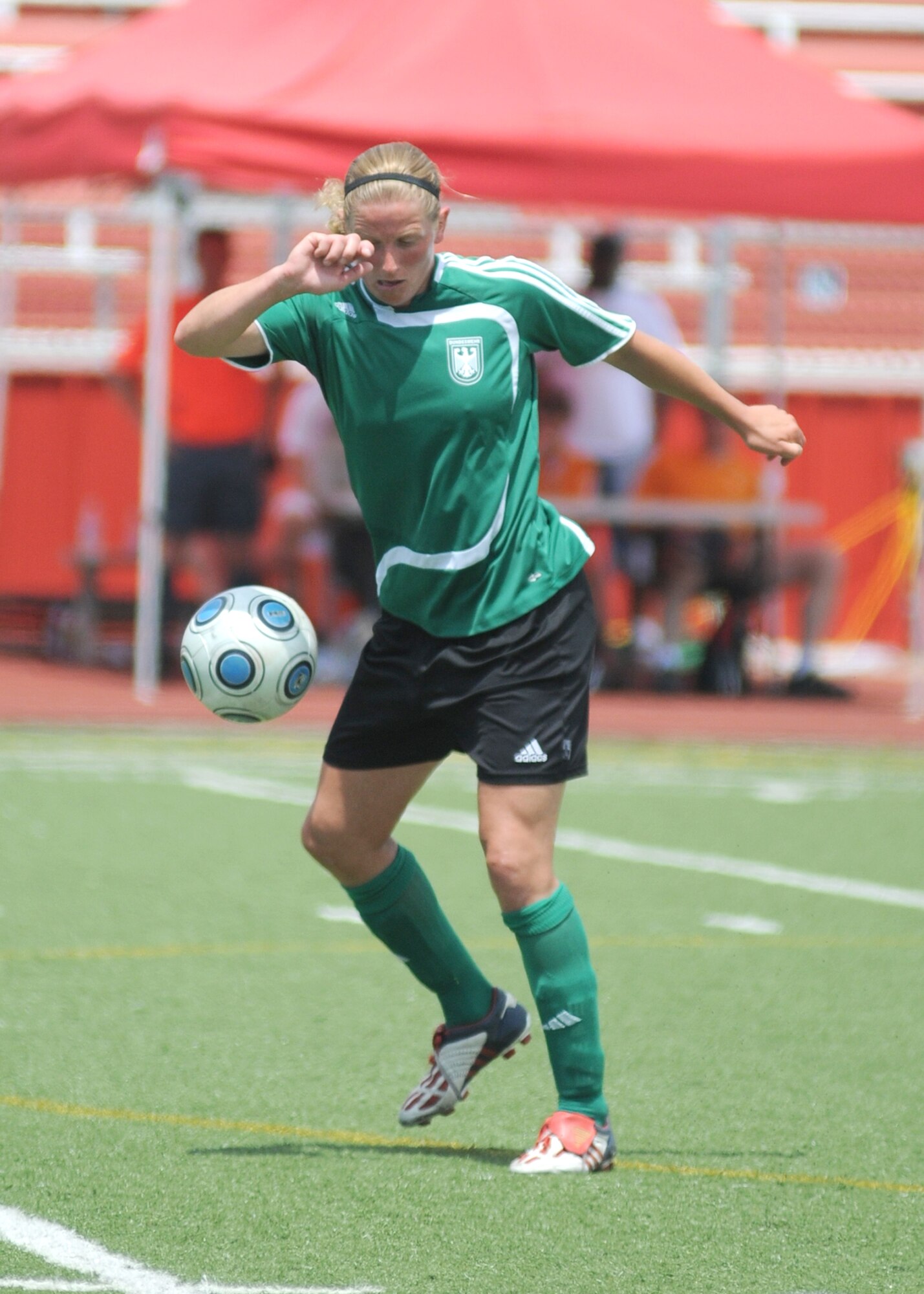 Germany took the consolation match over Canada, 4-1, during the final day of the 5th CISM Women’s Soccer Championship at the Biloxi High Stadium, June 13.  The CISM tournament, hosted by Keesler Air Force Base, also included teams from Brazil, France, The Netherlands, the Republic of South Korea and the United States.   The Brazilian team won the gold medal, Korea earned the silver medal and The Netherlands took the bronze medal.  (U.S. Air Force photo by Kemberly Groue)