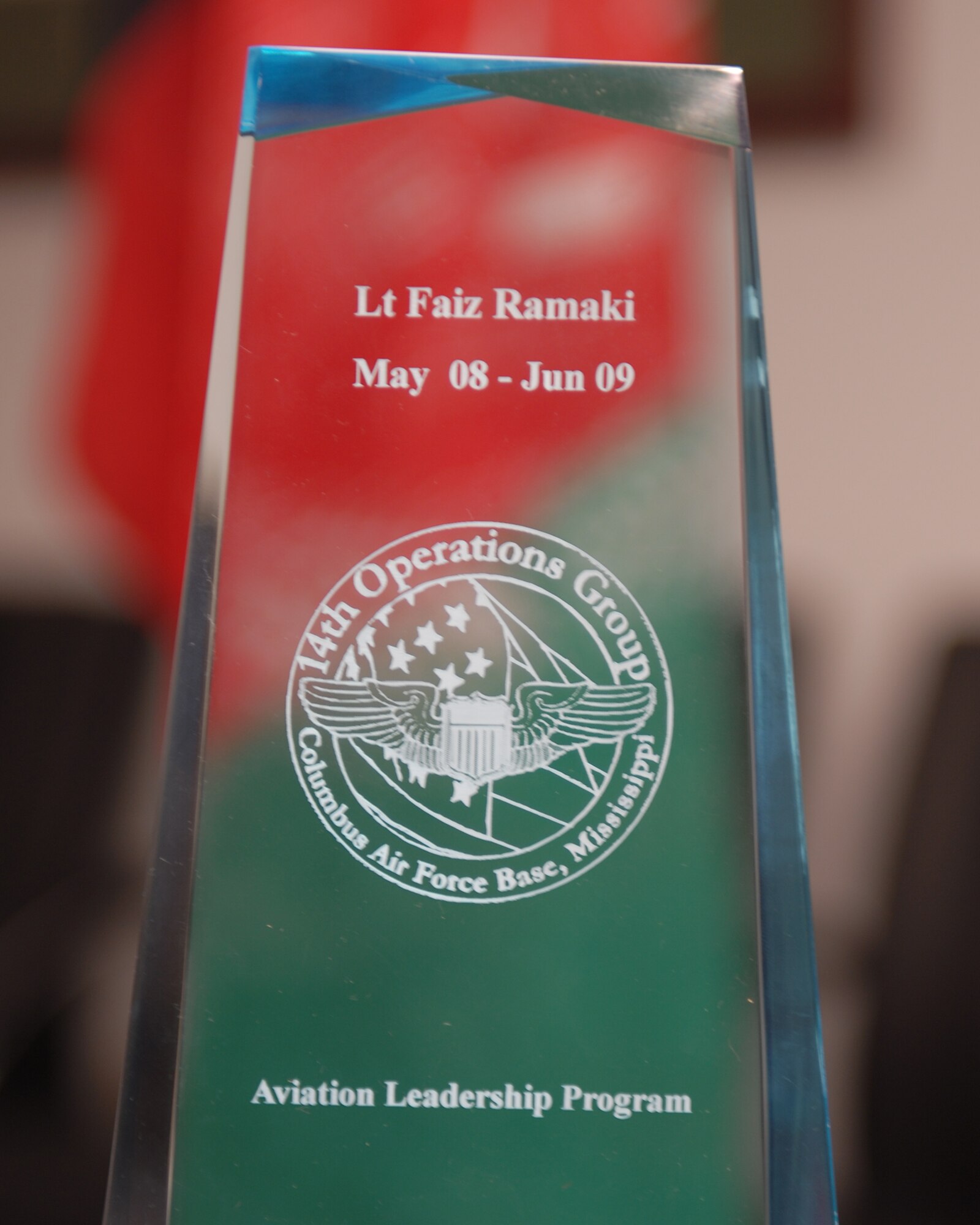 Afghan National Army Air Corps Lt. Faiz Ramaki received this Aviation Leadership award in a special graduation ceremony June 12.  The Aviation Leadership Program is a Secretary of the Air Force initiative to build foreign relations with other air forces. (US Air Force Photo/Melissa Duncan)