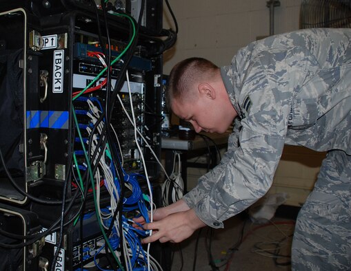 SUWON AIR BASE, Korea - Airman 1st Class Robert Tribbey, 35th ESS communications flight network control center technician inspects cabling on unclassified network servers during their deployment here April 2. More than 20 Airmen from the 644th Combat Communications Squadron deployed from Andersen Air Force Base, Guam, in March to provide communications support for the warfighters of the 35th Air Expeditionary Group. (U.S. Air Force photo by Master Sgt. Lynn Rooker)