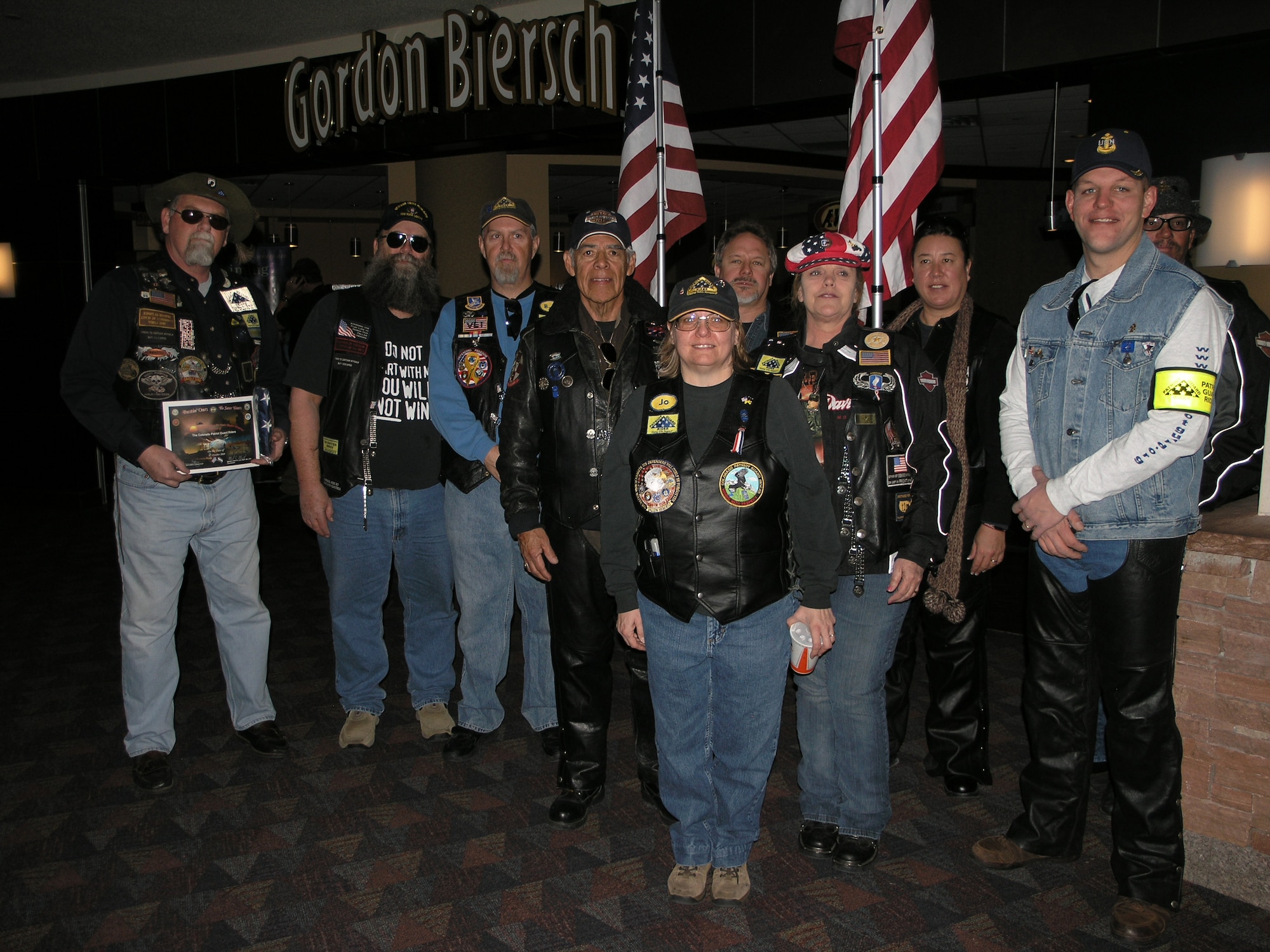 Members of the local Patriot Guard Riders pose for a photo Jan. 20 at the Colorado Springs Airport as they await returing members of the Air Force Reserve's 302nd Aeromedical Staging Squadron from a six-month deployment to Iraq. The PGR, which boasts its support for each deployment of military members in the Pikes Peak area, was established in August 2005 as a deterrent to protesters who disrupted military funerals because of their differing views and opposition to combat operations in Iraq and Afghanistan. (U.S. Air Force photo/Tech. Sgt. David D. Morton)
