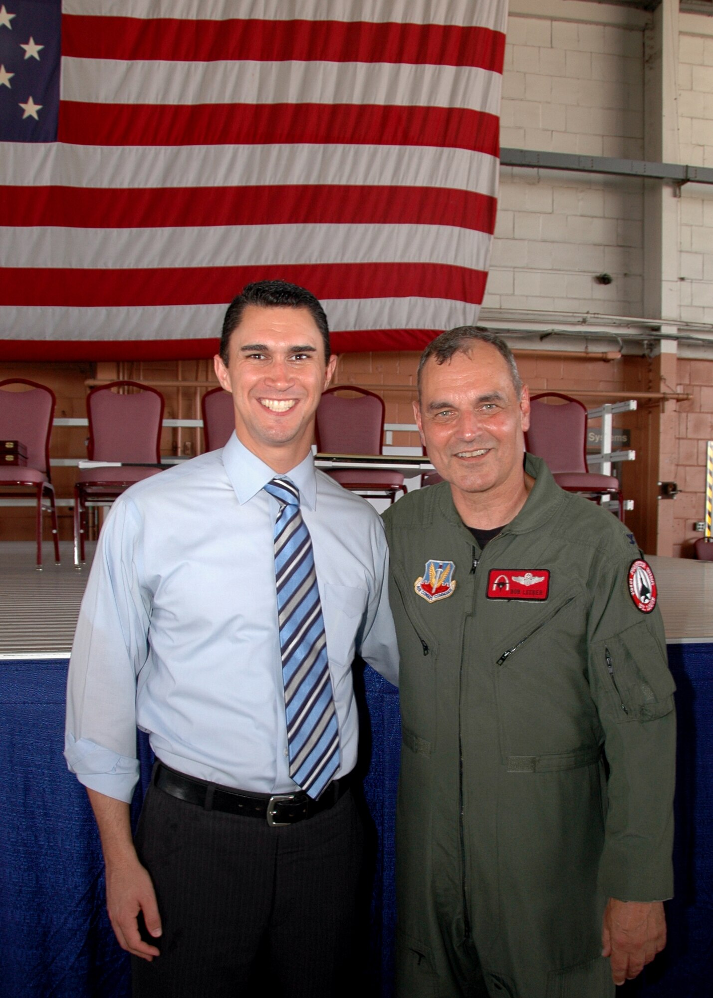 Mr. Michael Dubois and Col Robert Leeker take time out for a photograph during the end of era ceremony at the 131st Fighter Wing June 13, 2009. Mr. Dubois is the leglestative asistant to the U.S. Senator of Missouri Christopher Bond.