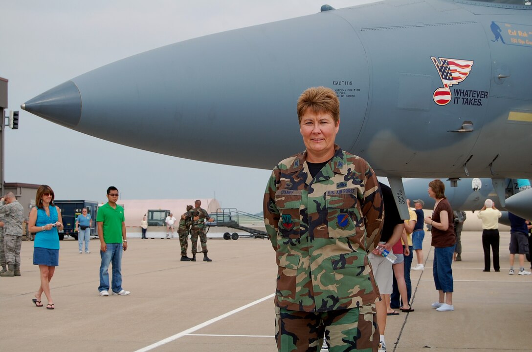 Col. Terri Chaney, 131st Maintenance Group commander, stands in front of an F-15C at the 131st Fighter Wing, Lambert International Airport at the End of Era event June 13. "It's a sad time for all of us," said Colonel Chaney. "We leave today with a sense of pride." (Photo by Senior Airman Jessica Donnelly)