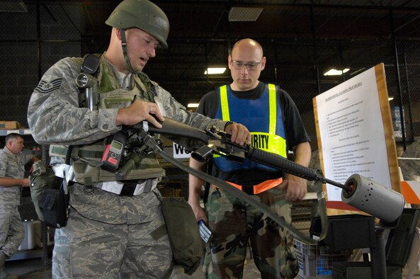 SHAW AIR FORCE BASE, S.C. -- Tech. Sgt. Jamey Olsen, 20th Civil Engineer Squadron personnel, left, processes Tech. Sgt. Jesse Evans, also 20th CES, through weapons issue for the start of Team Shaw's operational readiness inspection, June 15. The ORI will evaluate Shaw's ability to survive and operate in combat conditions. (U.S. Air Force photo/Senior Airman Kathrine McDowell) 
