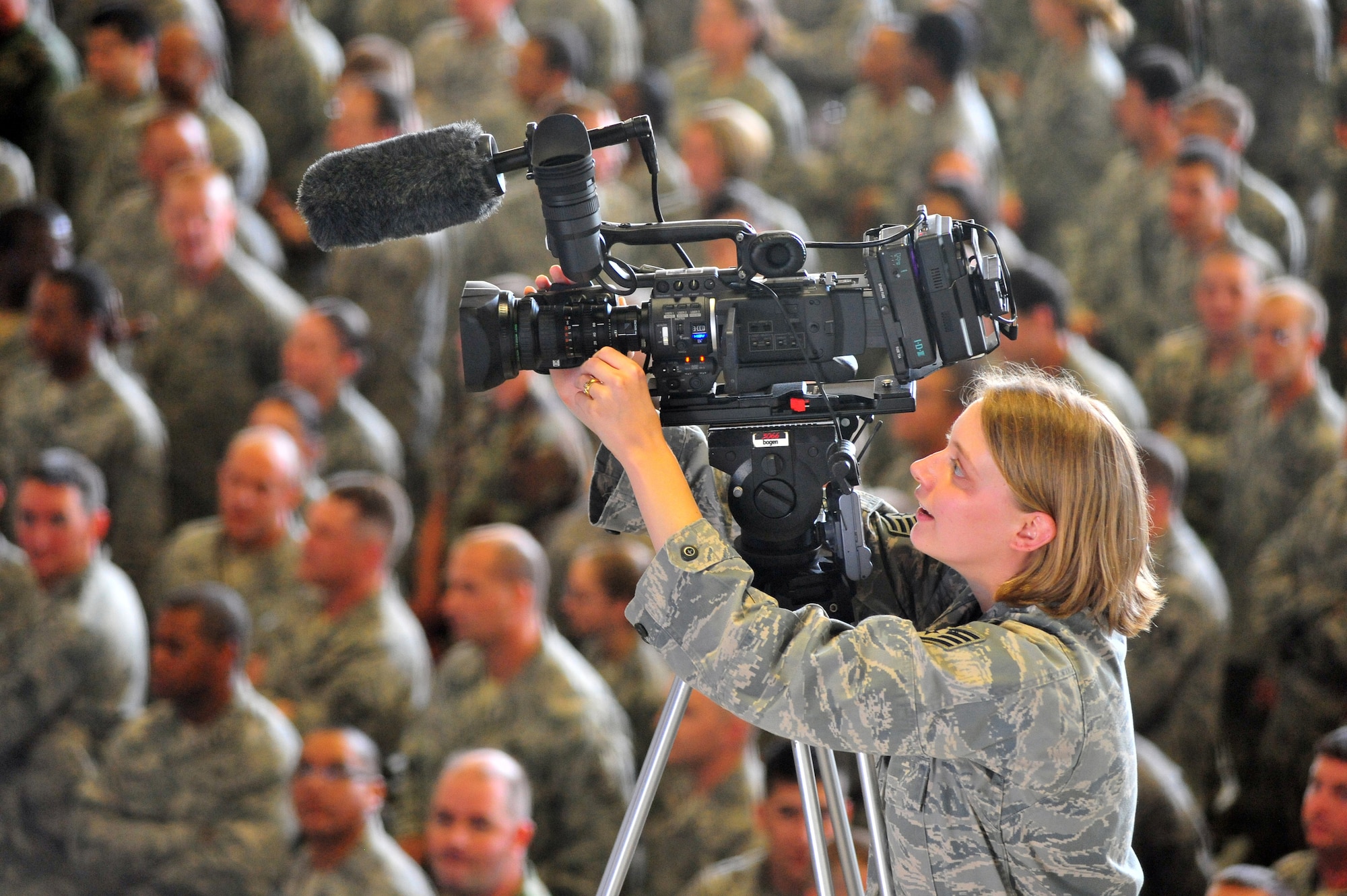 SHAW AIR FORCE BASE, S.C. -- Staff Sgt. Genevieve Armstrong, 20th Fighter Wing Public Affairs broadcaster, prepares to record the last operational readiness inspection pep talk from Col. Joseph Guastella, 20th Fighter Wing commander, June 12. The ORI will evaluate Shaw's ability to survive and operate in combat conditions. (U.S. Air Force photo/Senior Airman Kathrine McDowell)