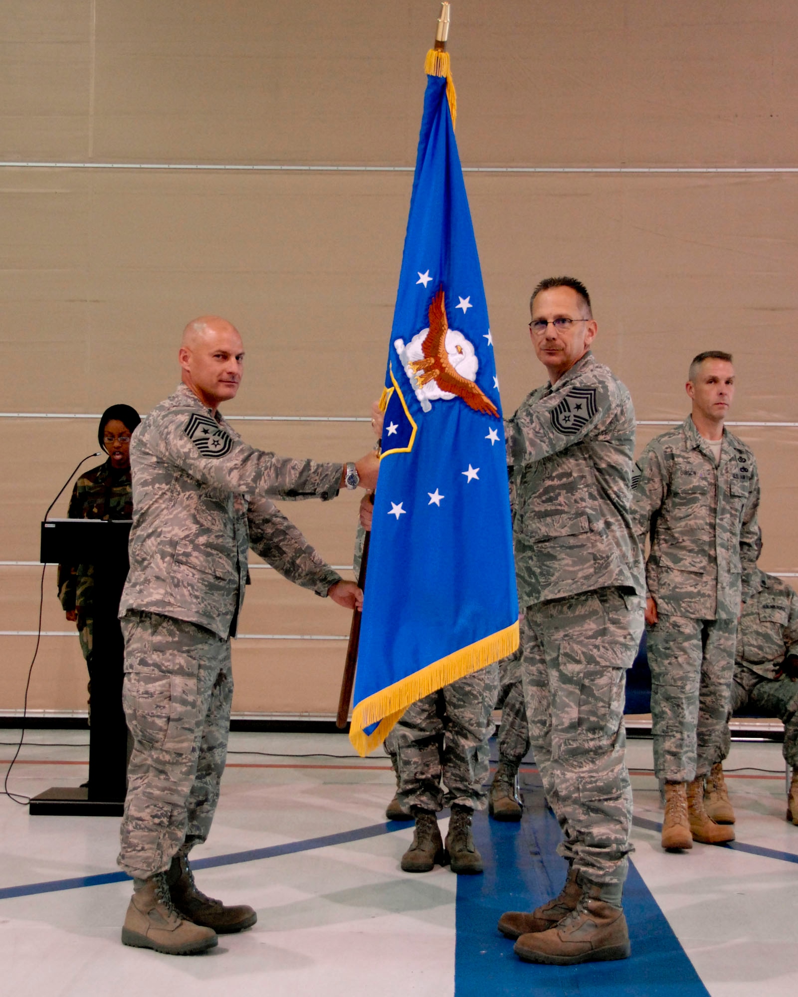 The reigns of authority were passed from Command Chief Master Sgt. Charles Aliff, 180th Fighter Wing, to Chief Master Sgt. Michael Haas, Operations Group Superintendent, June 13, 2009. 
