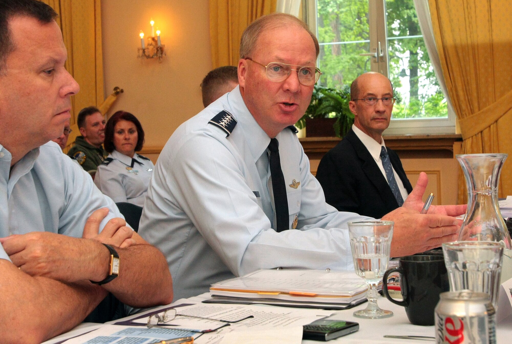 Gen. Craig R. McKinley, the chief of the National Guard Bureau, speaks at the State Partnership Program Conference in Stuttgart, Germany, June 15, saying the program "has matured well" and has grown into solid, long-standing alliances. The U.S. European Command-hosted conference is highlighting many new initiatives, to include SPP partners co-deploying to Operation Enduring Freedom (OEF) in Afghanistan, and interactive workshops that transform SPP to the next level to ensure it provides comprehensive support for EUCOM's Strategy of Active Security. (Department of Defense photo by Tech. Sgt. Mark Olsen)