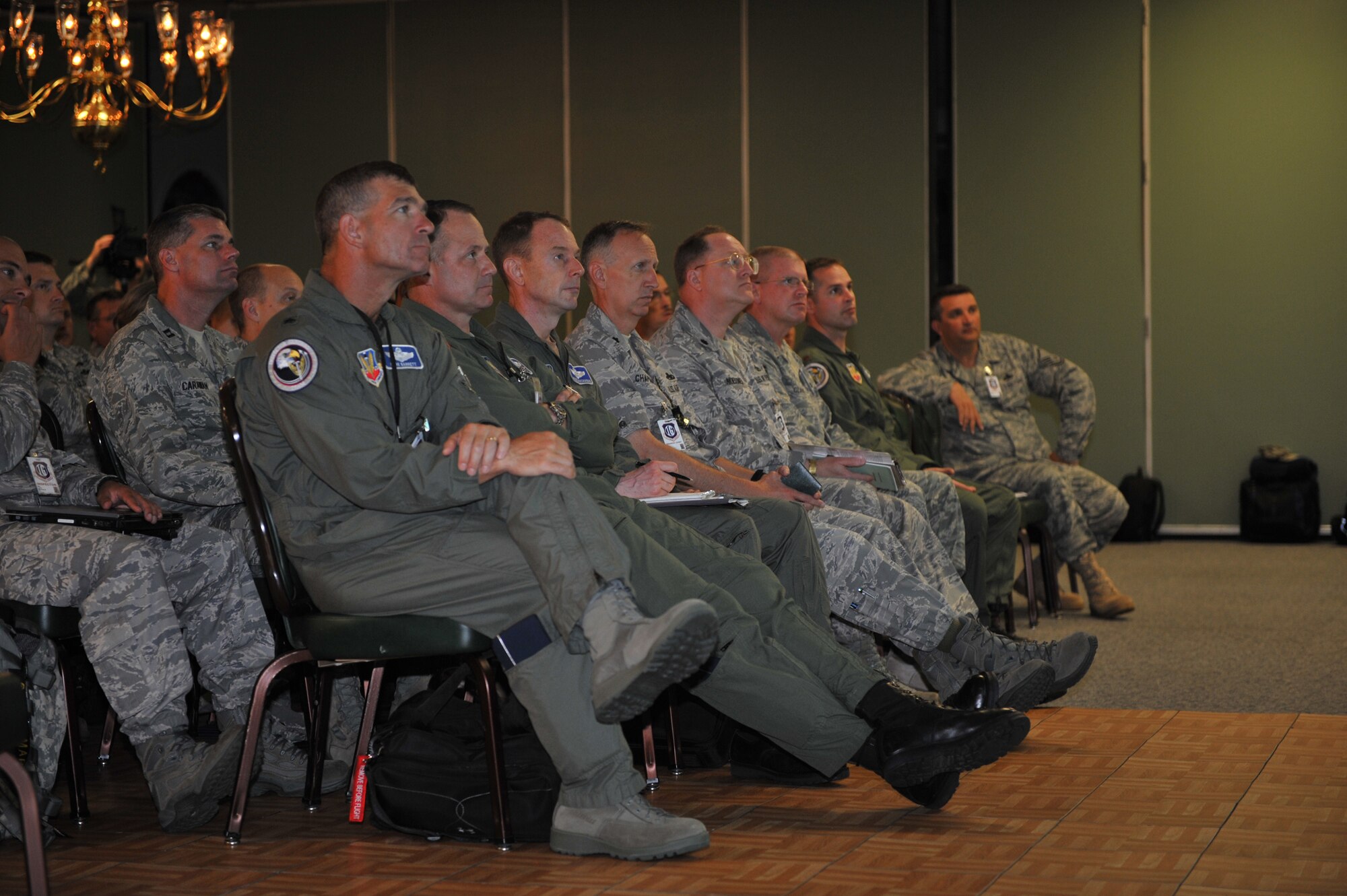 SHAW AIR FORCE BASE, S.C.-  Air Combat Command Inspector General, Brigadier General Mark A. Barrett, (foreground) and his team listen to the in-brief for Shaw's operational readiness inspection. The inspection provides Shaw the opportunity to demonstrate its combat potential and lethality, June 14, 2009. (U.S. Air Force Photo by: TSgt Josef Cole)
