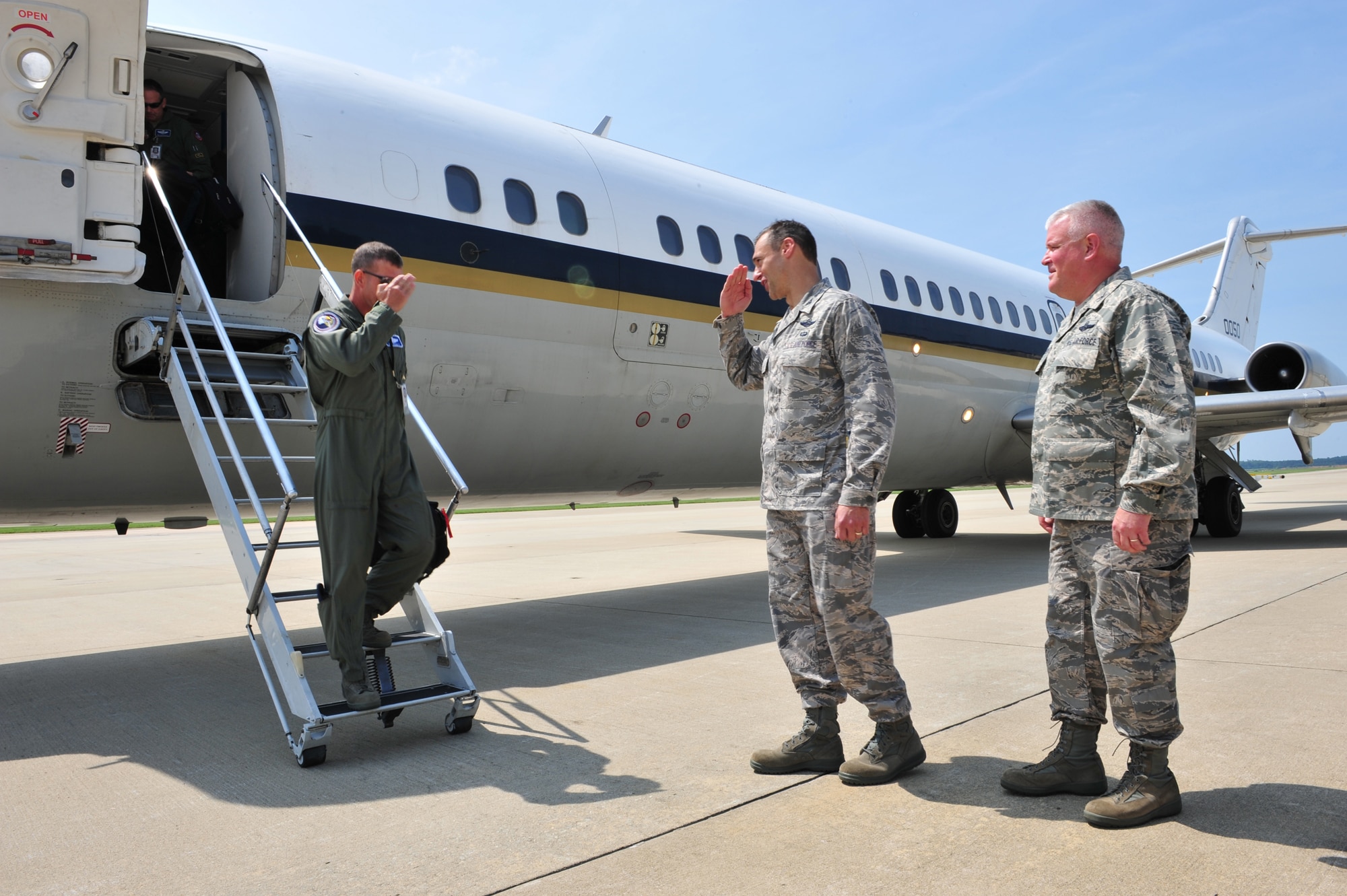 SHAW AIR FORCE BASE, S.C.-  20th Fighter Wing Commander Colonel Joseph T. Guastella Jr. and 20FW Vice Commander Col. Dean J. Anderson salute the Air Combat Command Inspector General, Brigadier General Mark A. Barrett as he arrives for Shaw's operational readiness inspection. The inspection provides Shaw the opportunity to demonstrate its combat potential and lethality, June 14, 2009. (U.S. Air Force Photo by: TSgt Josef Cole)
