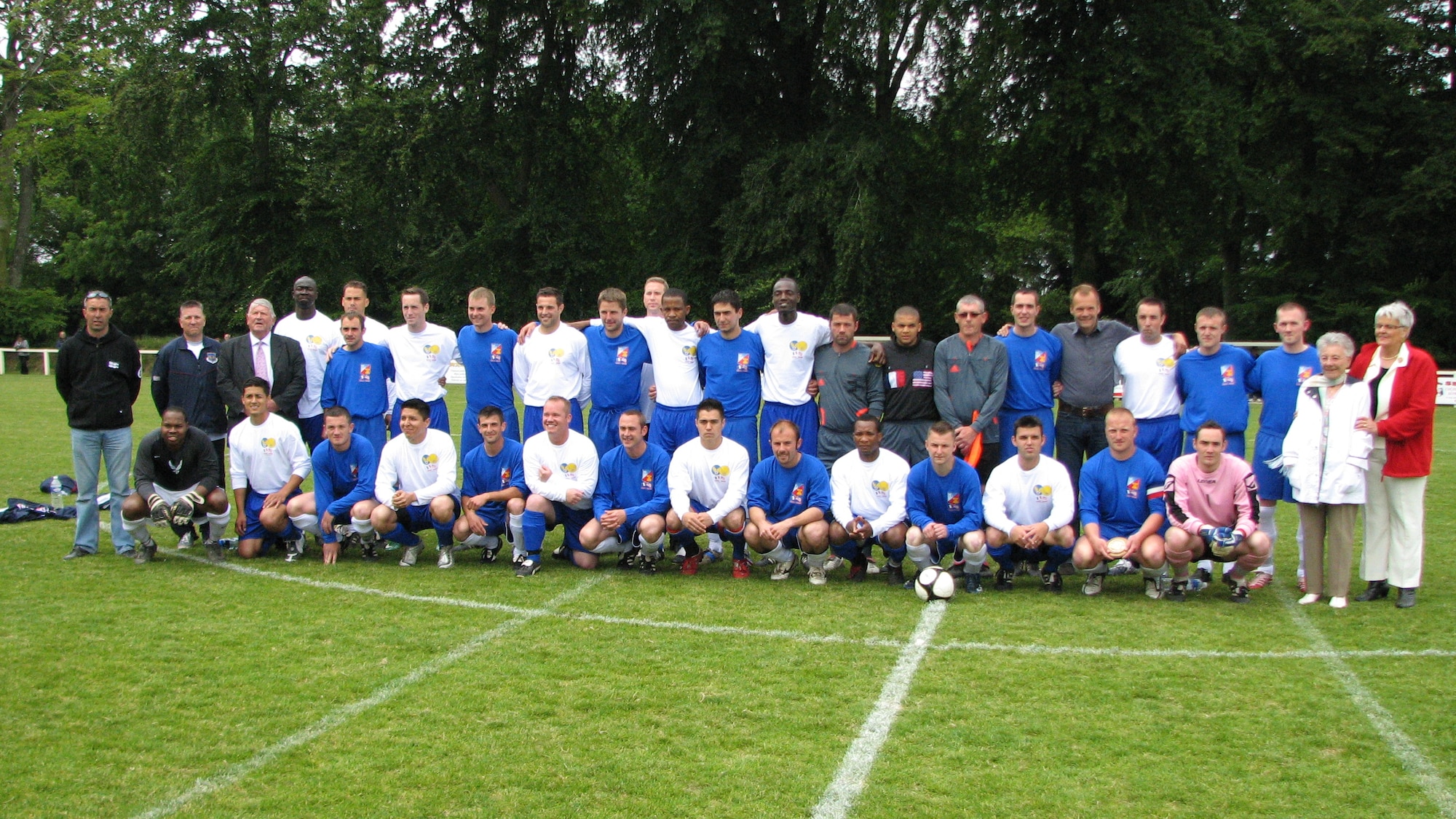 The USAFE Men's Soccer team and the French combined team competed in the 65th Anniversary D-Day celebration tournament at Saint Pierre Eglise Normandy, June 6th. The competition commerated a similar competition 65 years ago when a US Special services Officer organized a soccer match between American soldiers and a local French team to take their minds off the war.  The score in the first match 65 years ago was 4-1; however, in the rematch the USAFE team defeated a combined French team 4-2.
