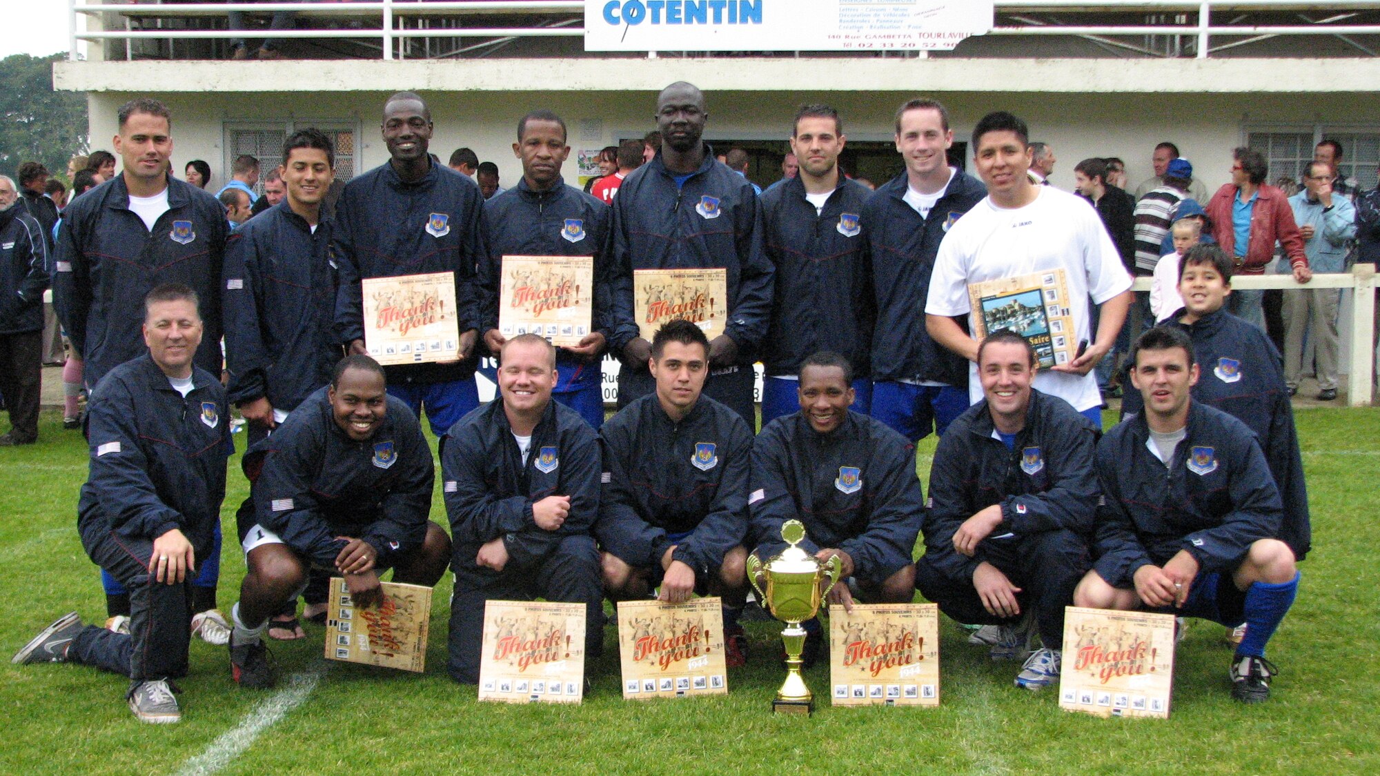 The USAFE Men's Soccer team competed in the 65th Anniversary D-Day celebration tournament at Saint Pierre Eglise Normandy, June 6th. The competition commerated a similar competition 65 years ago when a US Special services Officer organized a
soccer match between American soldiers and a local French team to take their
minds off the war.  The score in the first match 65 years ago was
4-1; however, in the rematch the USAFE team defeated a combined French team
4-2.
