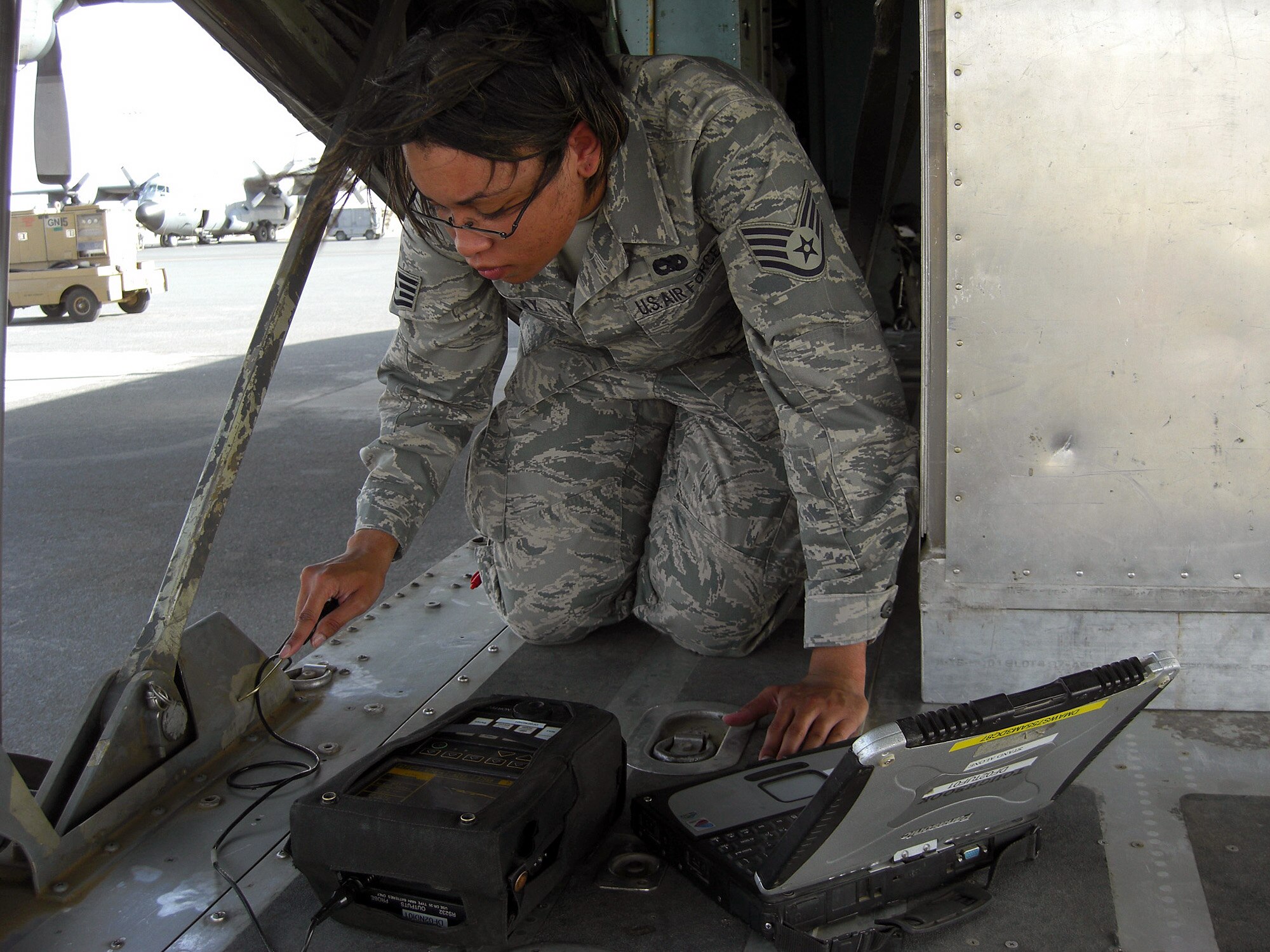 SOUTHWEST ASIA -- Staff Sgt. Danielle Clay, 386th Expeditionary Aircraft Maintenance Squadron non-destructive inspection journeyman, is deployed from the 355th Equipment Maintenance Squadron at Davis-Monthan Air Force Base, Ariz. (U.S. Air Force courtesy photo)