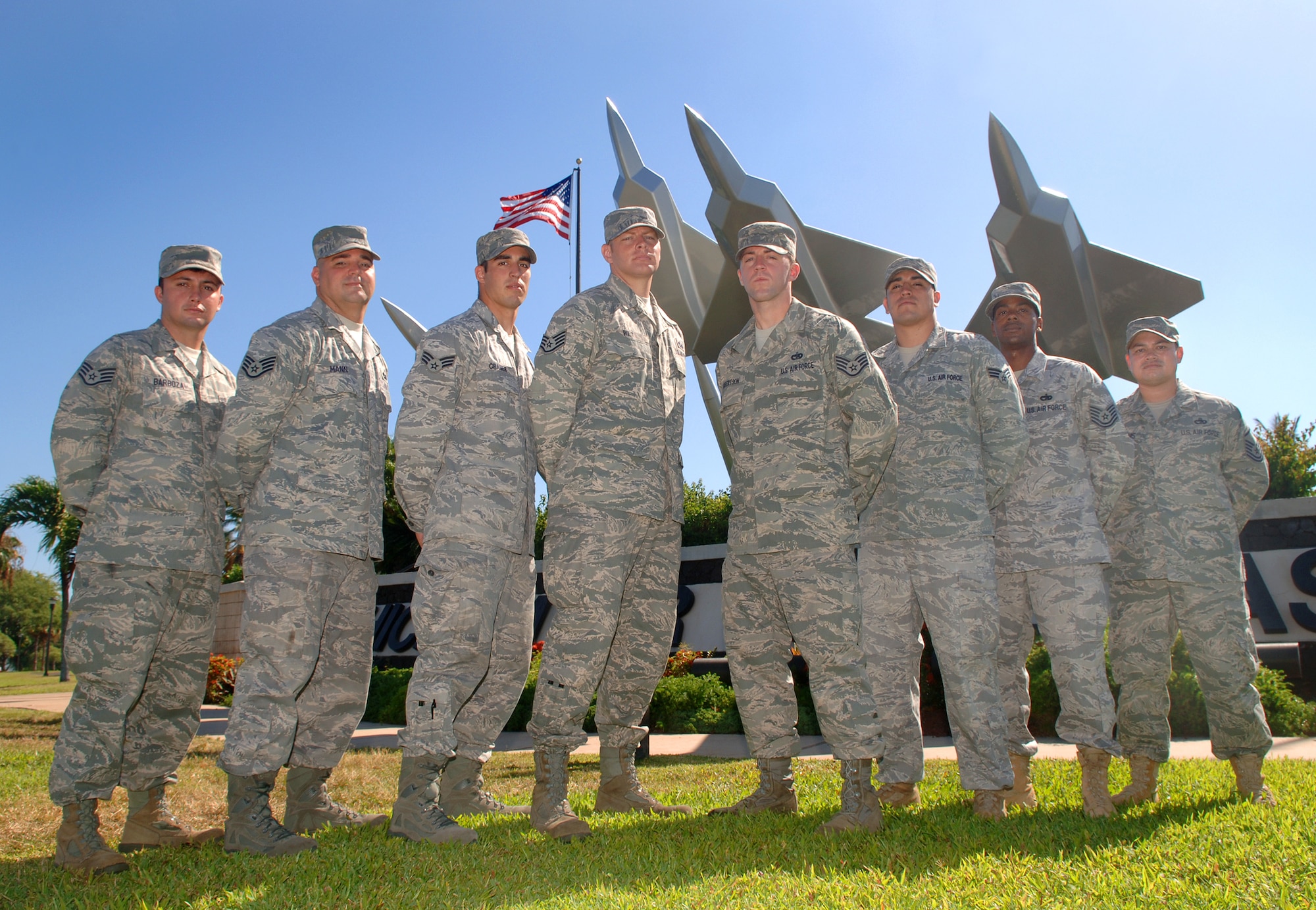 HICKAM AIR FORCE BASE, Hawaii -- The 515th Air Mobility Operations Wing Rodeo Team, from left, are: Staff Sgt. Dustin Barboza, 734th Air Mobility Squadron, Andersen Air Base, Guam; Staff Sgt. Russell Mann and Senior Airman Andrew Cramer, 732th Air Mobility Squadron, Elmendorf Air Force Base, Alaska; Staff Sgt. Travis Wilt, 733rd Air Mobility Squadron, Kadena Air Base, Japan; Staff Sgt. Clifton Robertson, 735th Air Mobility Squadron, Hickam Air Force Base, Hawaii; Senior Airman Baltazar Valdez, 731st Air Mobility Squadron, Osan Air Base, Korea; TSgt Dwayne Johnson, 735th AMS; and Master Sgt. Maurice Wijnen-Riems, 730th Air Mobility Squadron, Yokota Air Base, Japan. Courtesy photo.
