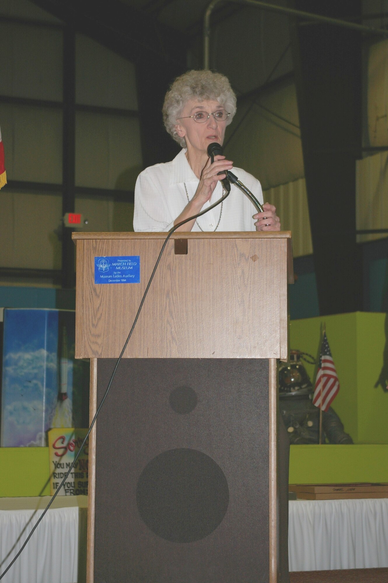 AN OFFICIAL HELLO: Nancy Driscoll, Bob Hope CAFA Chapter President and Conference Chairperson, welcomes attendees to the Annual Awards Ceremony. (U.S. Air Force photo by George Williams)