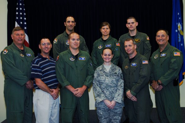 Col. Michael Fernandez, ASEV inspection team chief with Col. Douglas Schwartz, 927th OG Commander, and award winners. (U.S. Air Force photo/Tech Sgt. Denise Hauser)
