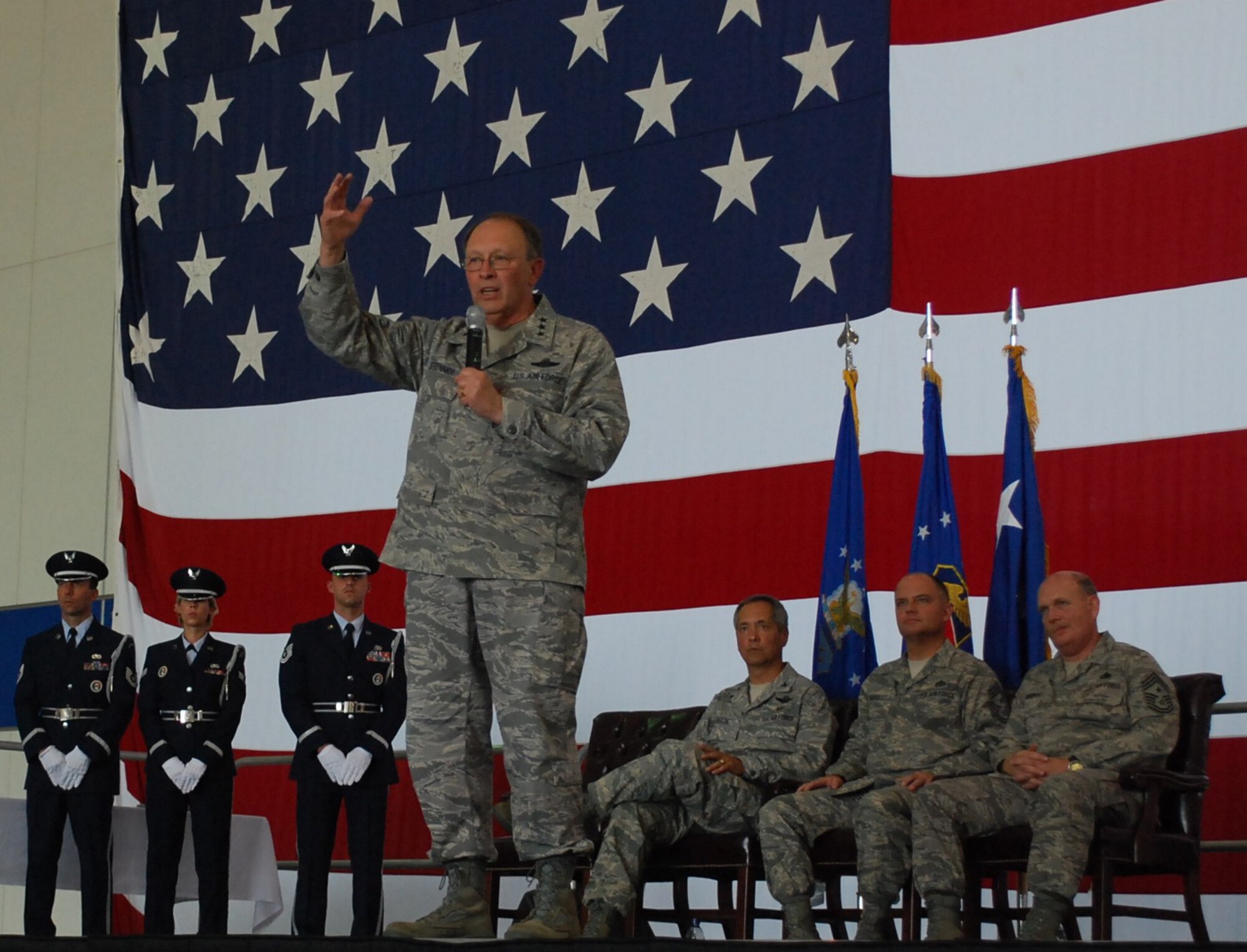 Lt. Gen. Charles Stenner, commander of Air Force Reserve Command, answers a question from an Airman at Commander's Call at Westover June 7. General Stenner also met with several Patriot Wing Airmen for lunch to field additional career and current events questions during his visit. (photo by Tech. Sgt. Andrew Biscoe)