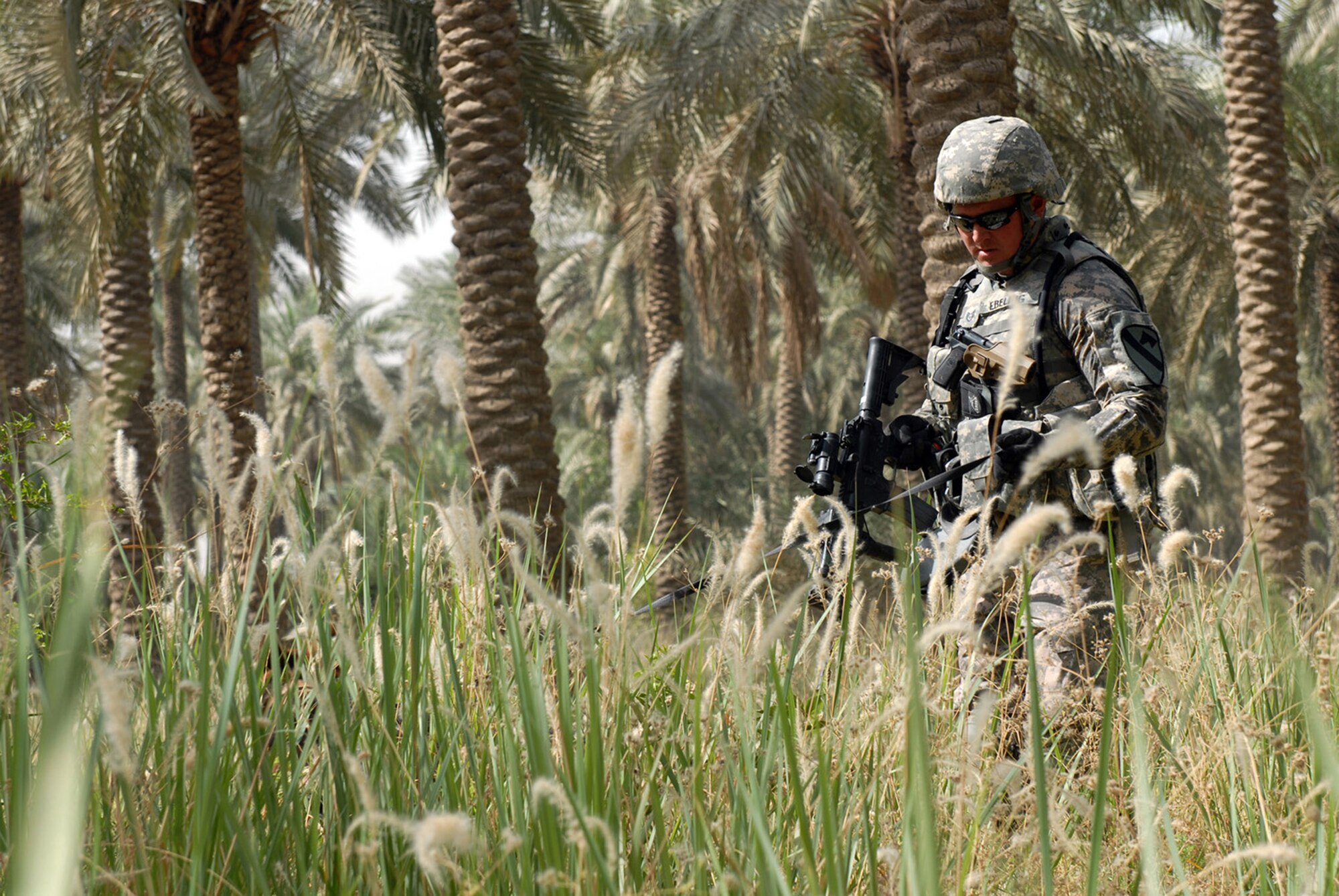 Air Force Staff Sgt. Christopher Ebeling, a military working dog handler assigned to the provost marshall's office at Camp Victory in Baghdad, and his German Shepherd, Nero, navigate through a palm grove in nearby Al Doura during a clearing mission June 13 with Soldiers from the North Carolina National Guard's Company A, 252nd Combined Arms Battalion, 30th Heavy Brigade Combat Team.  Sergeant Ebeling, from the 732nd Expeditionary Security Forces Squadron at Ellsworth Air Force Base, S.D., is on his third tour in Southwest Asia and has been in the military for 12 years.  (U.S. Army photo/Staff Sgt. Mark Burrell)