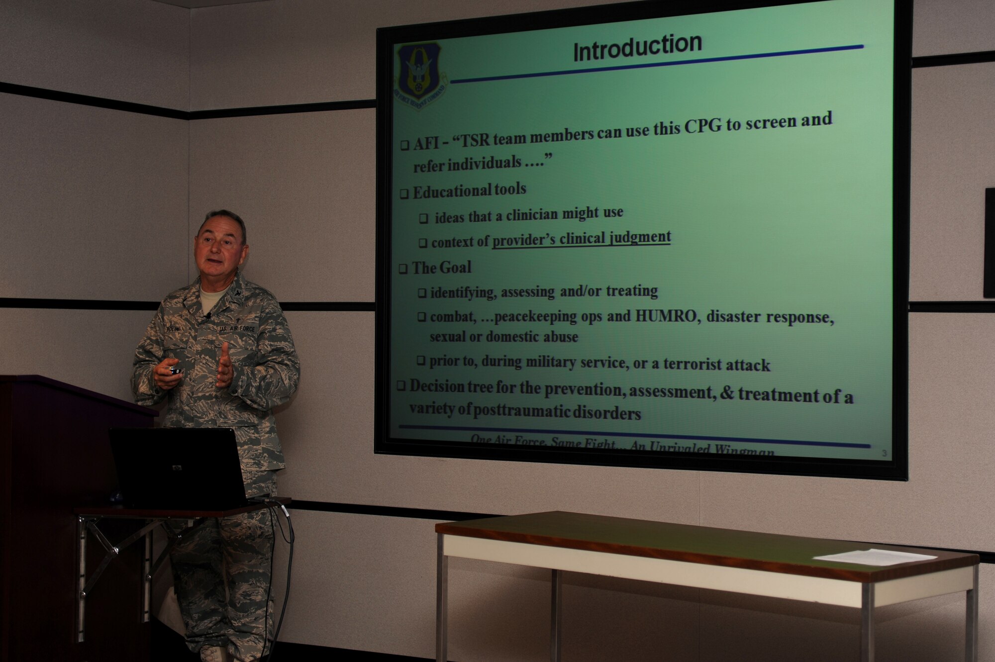 Chaplain (Col.) Charles Bolin, individual mobilization augmentee to the Air Force Reserve Command deputy command chaplain, briefs on traumatic stress response June 15 to students attending chaplain and chaplain assistant functional training at the U.S. Air Force Expeditionary Center on Joint Base McGuire-Dix-Lakehurst, N.J.  This course is required for all Chaplain Corps personnel who attend Advanced Contigency Skills Training taught by the 421st Combat Training Squadron.   (U.S. Air Force Photo/Staff Sgt. Nathan G. Bevier) 