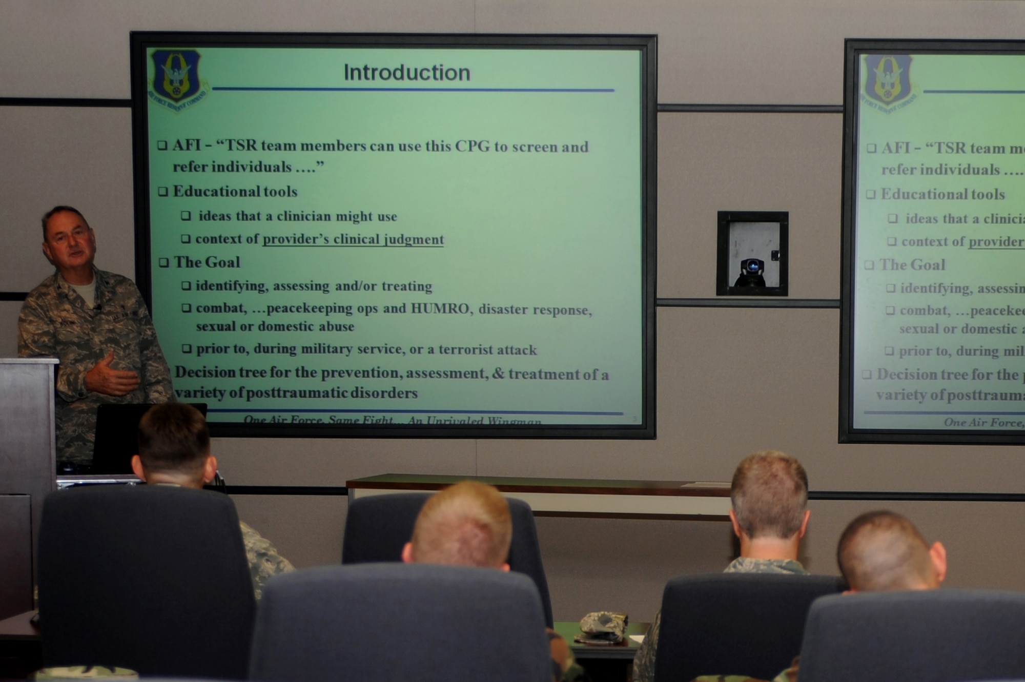 Chaplain (Col.) Charles Bolin, individual mobilization augmentee to the Air Force Reserve Command deputy command chaplain, briefs on traumatic stress response June 15 to students attending chaplain and chaplain assistant functional training at the U.S. Air Force Expeditionary Center on Joint Base McGuire-Dix-Lakehurst, N.J.  This course is required for all Chaplain Corps personnel who attend Advanced Contigency Skills Training taught by the 421st Combat Training Squadron.   (U.S. Air Force Photo/Staff Sgt. Nathan G. Bevier) 