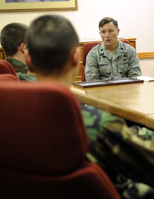 Lt. Col. Dwain Slaughter, 28th Maintenance Squadron commander, mentors Air Force Reserve Officer Training Corps cadets as part of Operation Air Force here, June 11. Operation Air Force is a three-week program designed to provide cadets the opportunity to experience firsthand the day-to-day operations of an Air Force base. Cadets are immersed into the Air Force way of life through the use of tours, hands-on experience and shadowing Air Force personnel in a variety of career fields. (U.S. Air Force photo/Airman 1st Class Adam Grant)