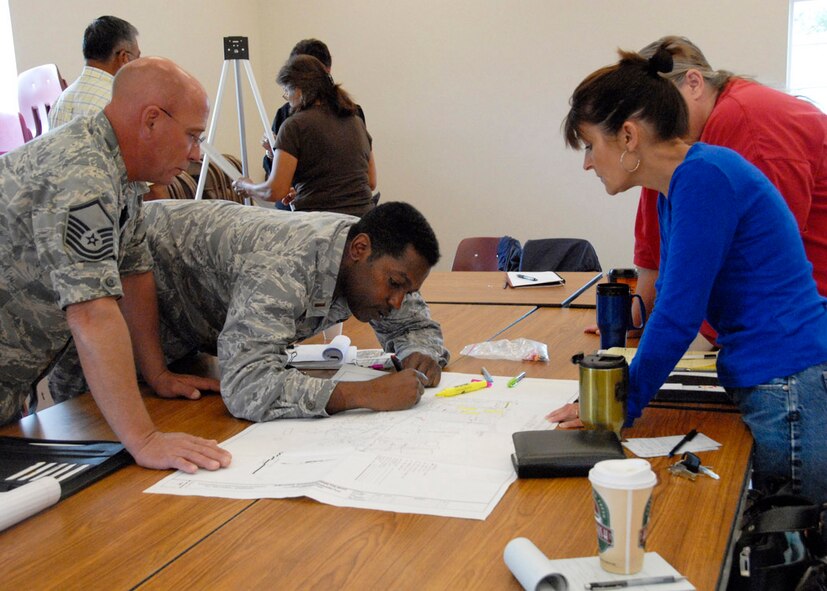 2nd Lt. Rexford Cannady, 240th Civil Engineer Squadron and Master Sgt. Charles Stoyer, Air National Guard Innovative Readiness Training superintendent, go over plans for the campus with members of the Saint Michael?s Association for Special Education staff June 8?, 2009. The school is locate on the Navajo Nation near Window Rock, Az. 