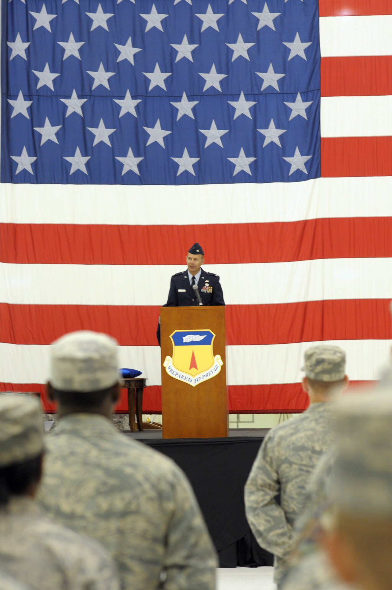 ANDERSEN AIR FORCE BASE, Guam - Incoming commander, Col. Alan Weider addresses the attendees of the 36th Mission Support Group change of command after assuming command in Hangar 6 June 16. The change of command ceremony transferred leadership of the 36th MSG from Col. Mark Talley to Colonel Wieder. (U.S. Air Force photo by Tech. Sgt. Michael Boquette)

