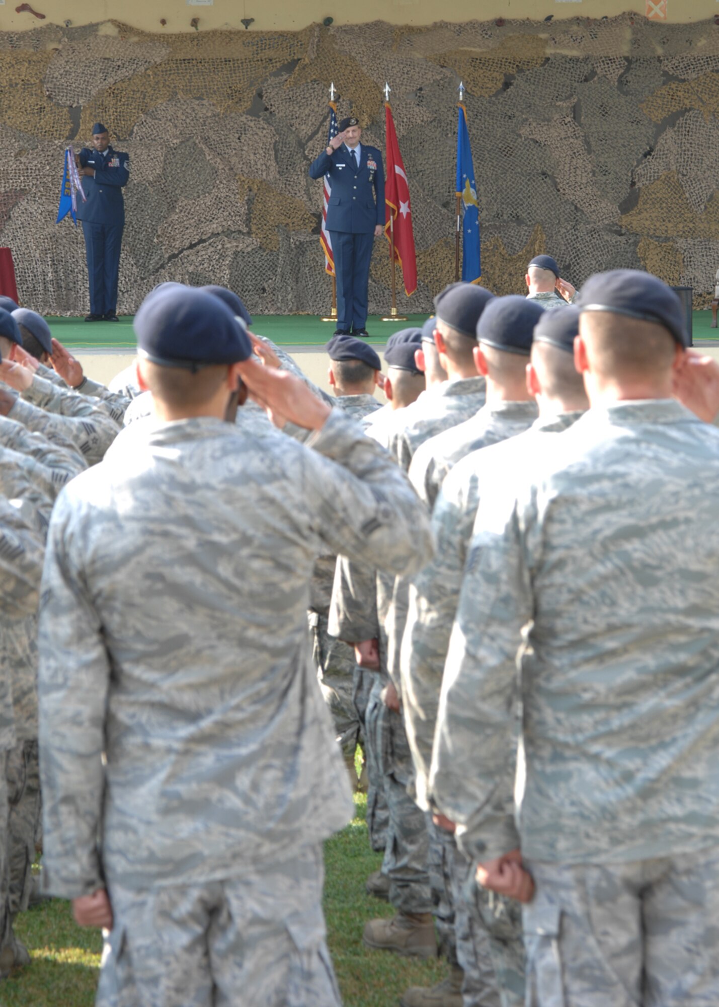 The new 39th Security Forces Squadron commander Lt. Col. Glen Christensen, receives his first salute from the squadron during the squadron’s change of command ceremony, Monday, June 15, 2009, Incirlik Air Base, Turkey. Colonel Christensen was the commander of the 50th Security Forces Squadron, Schriever AFB, Colo. prior to his permanent change of station. (U.S. Air Force photo/Staff Sgt. Lauren Padden)