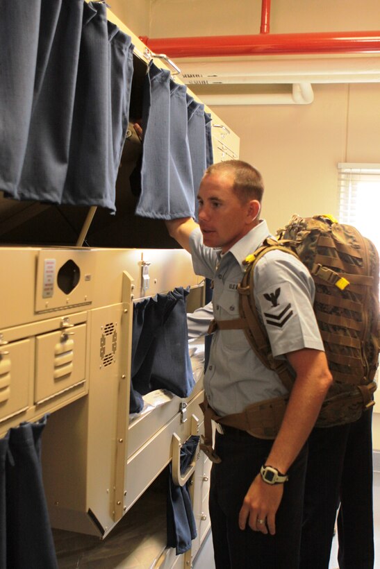 Petty officer second class James A. Eten, Field Medical Training Battalion student, tours newly renovated barracks for the first time, June 17. To help properly prepare the future corpsman for life on ship, the beds in the squad bays mimic those found on most basic naval vessels.