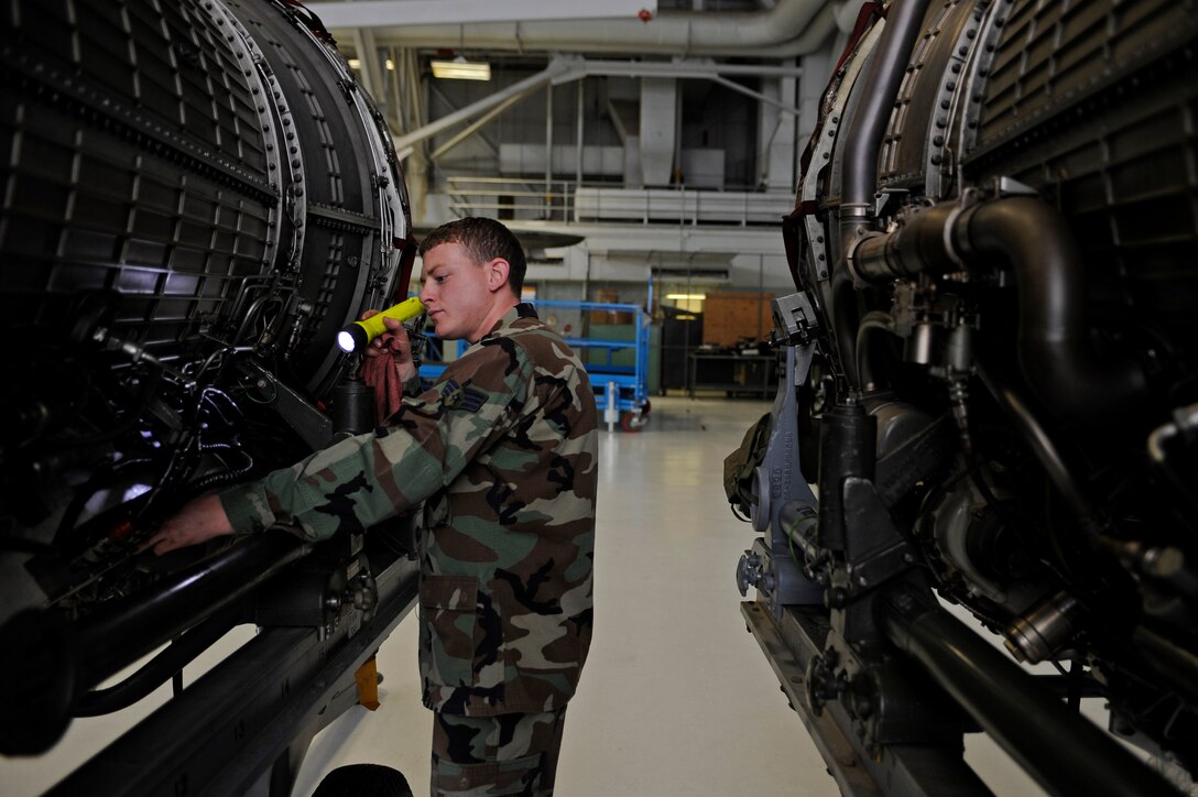 Senior Airman Nicholas Tester, 28th Maintenance Squadron aerospace propulsion journeyman, evaluates a turbofan engine here, June 16. Airman Tester is performing a routine inspection to ensure it can be reinstalled to the aircraft. (U.S. Air Force photo/Airman 1st Class Matthew Flynn)