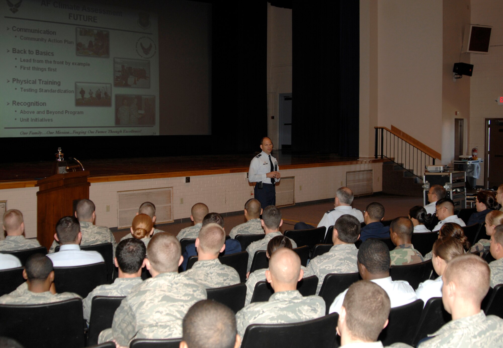 MCCONNELL AIR FORCE BASE, Kan. -- Col. James C. Vechery, 22nd Air Refueling Wing commander, briefs members of Team McConnell at the base theater during his final commander’s call, June 15. Colonel Vechery will relinquish command of the Wing on July 2 to Col. James W. Crowhurst, currently the vice-commander at Travis AFB, Calif. (Photo by Senior Airman Laura Suttles)
