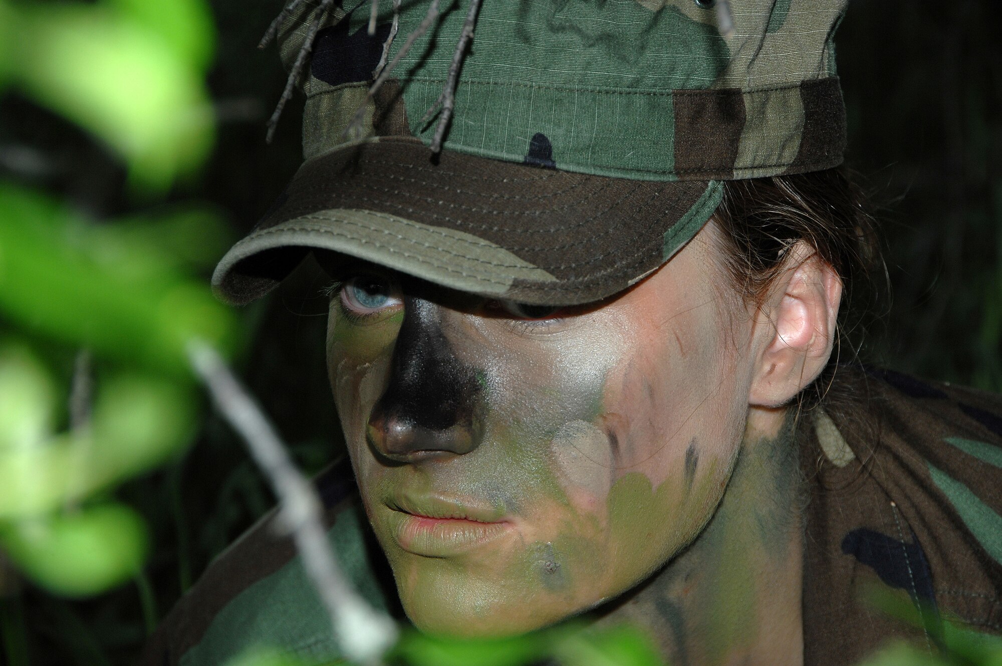 CAMP ASHLAND, Neb. -- Liza Short, a cadet with the Reserve Officer Training Corps, uses bushes to conceal her position during land survival training June 11. Survival training provides cadets with the necessary tools to evade capture and use their surroundings to their advantage. U.S. Air Force Photo by Dana P. Heard
