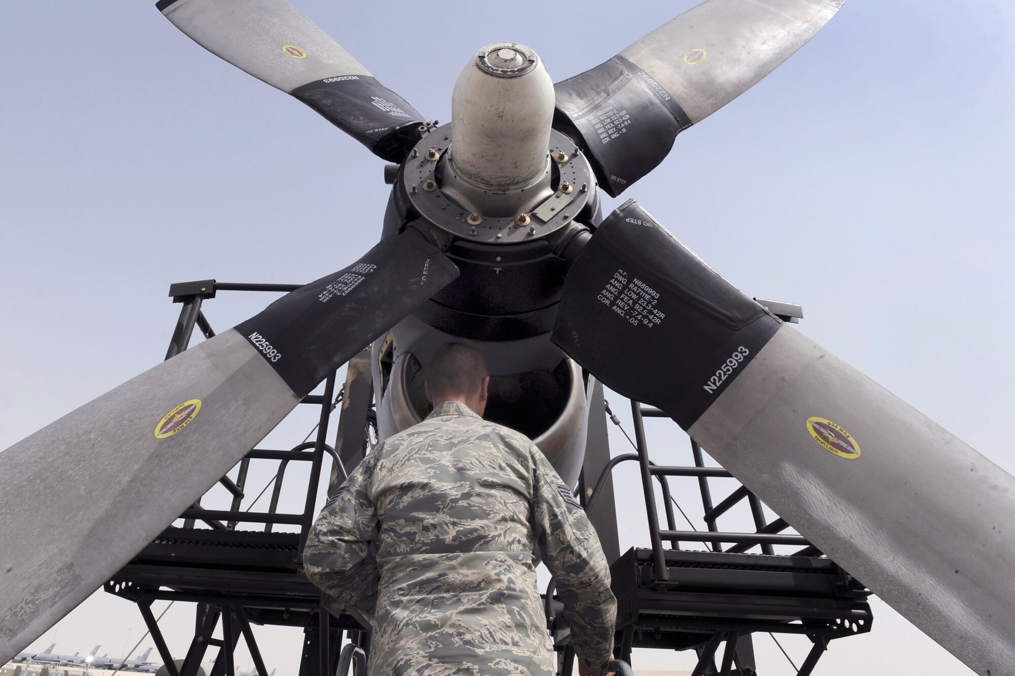Tech. Sgt. Richard Replinger, a turbo propulsion craftsman with the 379th Expeditionary Maintenance Squadron at an air base in Southwest Asia, performs a pre-run inspection on a C-130H Hercules engine June 14 prior to running a test on the engine.  This is the only T56 test cell in the U.S. Central Command area of responsibility.  The T56 enables maintainers to test engines in the AOR instead of sending them back to Ramstein Air Base, Germany.  Sergeant Replinger, a native of Fayetteville, N.C., is deployed from Hurlburt Field, Fla.  (U.S. Air Force photo/Staff Sgt. Joshua Garcia)