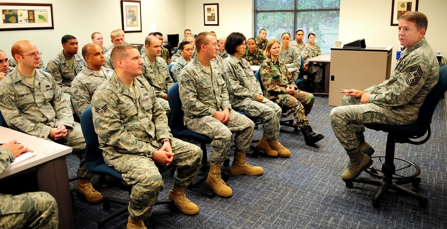 Chief Master Sgt. of the Air Force Rodney McKinley discuses uniform changes, new physical training requirements, and what it is like being the highest ranking enlisted official to Airmen attending Airman Leadership School at Seymour Johnson Air Force Base, N.C., June 12, 2009. Chief McKinley told the class his only goal was to be the best Airman he could. (U.S. Air Force photo by Airman 1st Class Rae Perry)