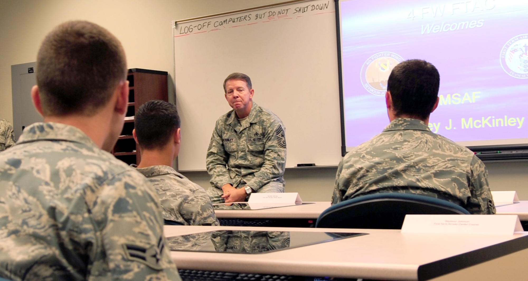 Chief Master Sgt. of the Air Force Rodney McKinley addresses Airmen enrolled at the First-Term Airmen?s Center during his visit to Seymour Johnson Air Force Base, N.C., June 12, 2009. Like the FTAC Airmen, Seymour Johnson Air Force Base was Chief McKinley?s first duty station. (U.S. Air Force photo by Airman 1st Class Rae Perry)