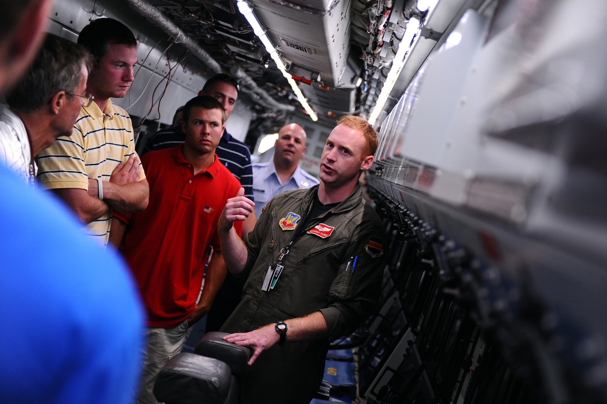 OFFUTT AIR FORCE BASE Neb.,-- 1Lt Anthony Purdy, 343rd Reconnaissance Squadron, gives a tour of an RC-135V/W Rivet Joint, a reconnaissance platform, located on the parking ramp here as part of a base tour where members of the Tar heels got an inside look at the mission of the 55th Wing, 15 June.  The Tar Heels baseball team is competing in the NCAA College World Series hosted at Omaha's Rosenblatt Stadium June 13-23/24.

U.S. Air Force Photo by Josh Plueger