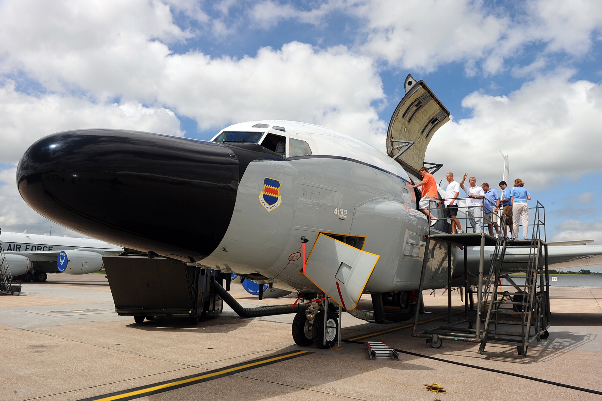 OFFUTT AIR FORCE BASE Neb.,-- Player with the University of North Carolina Baseball team tour an RC-135V/W Rivet Joint, a reconnaissance platform, located on the parking ramp here as part of a base tour where members of the Tar heels got an inside look at the mission of the 55th Wing, 15 June.  The Tar Heels baseball team is competing in the NCAA College World Series hosted at Omaha's Rosenblatt Stadium June 13-23/24.

U.S. Air Force Photo by Josh Plueger
