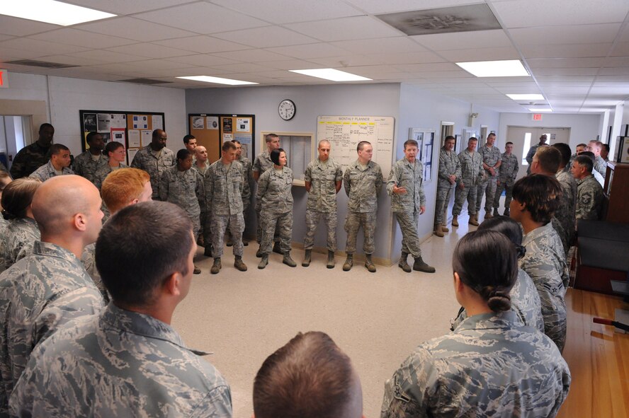 Chief Master Sgt. of the Air Force Rodney McKinley speaks to a group of Airmen in the aircrew flight equipment building on Seymour Johnson Air Force Base, N.C., June 12, 2009. As CMSAF, Chief McKinley represents the highest level of enlisted leadership for Airmen. (U.S. Air Force photo by Airman 1st Class Whitney S. Lambert) 