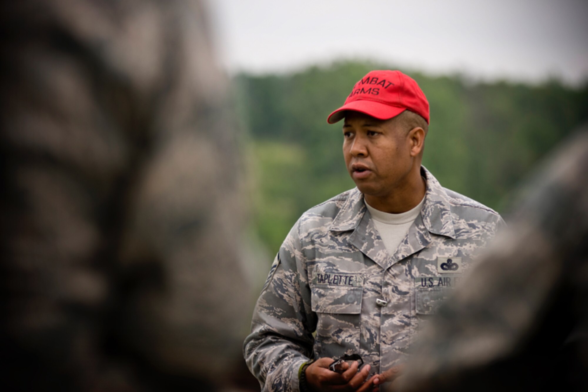 Master Sgt. Chester Taplette briefs safety and precautions to members of the 459th Security Forces Squadron before heading to the fire line.Members of the 459th Security Forces Squadron completed their annual heavy weapons training at Fort AP Hill over the June UTA. (U.S. Air Force Photo/ Capt. Nick Strocchia)
