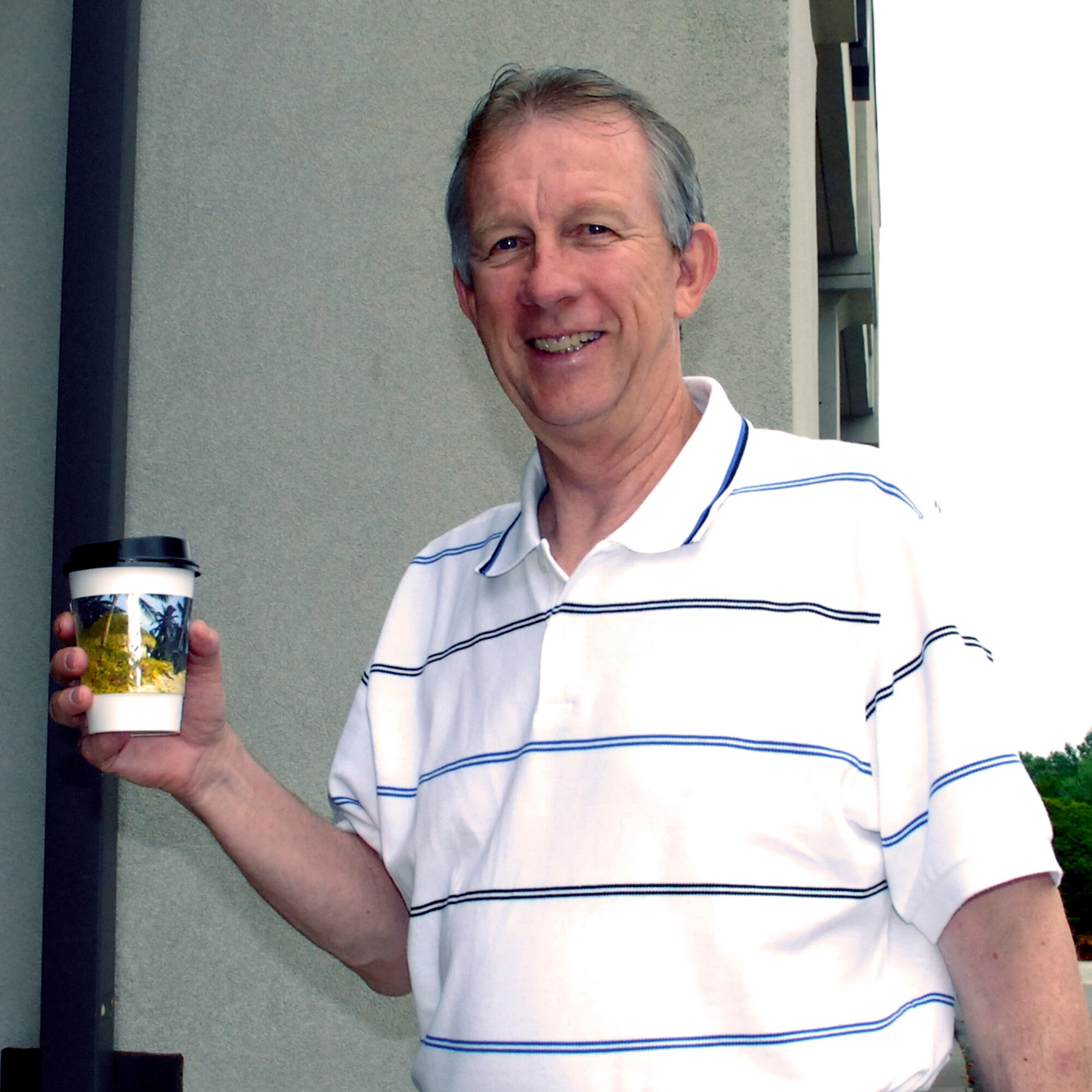 Chief Master Sgt. (ret.) Jay Darcey says "I have two cups of coffee every day before leaving the house, coffee is my go-go juice!" He tried his first cup right after our interview.