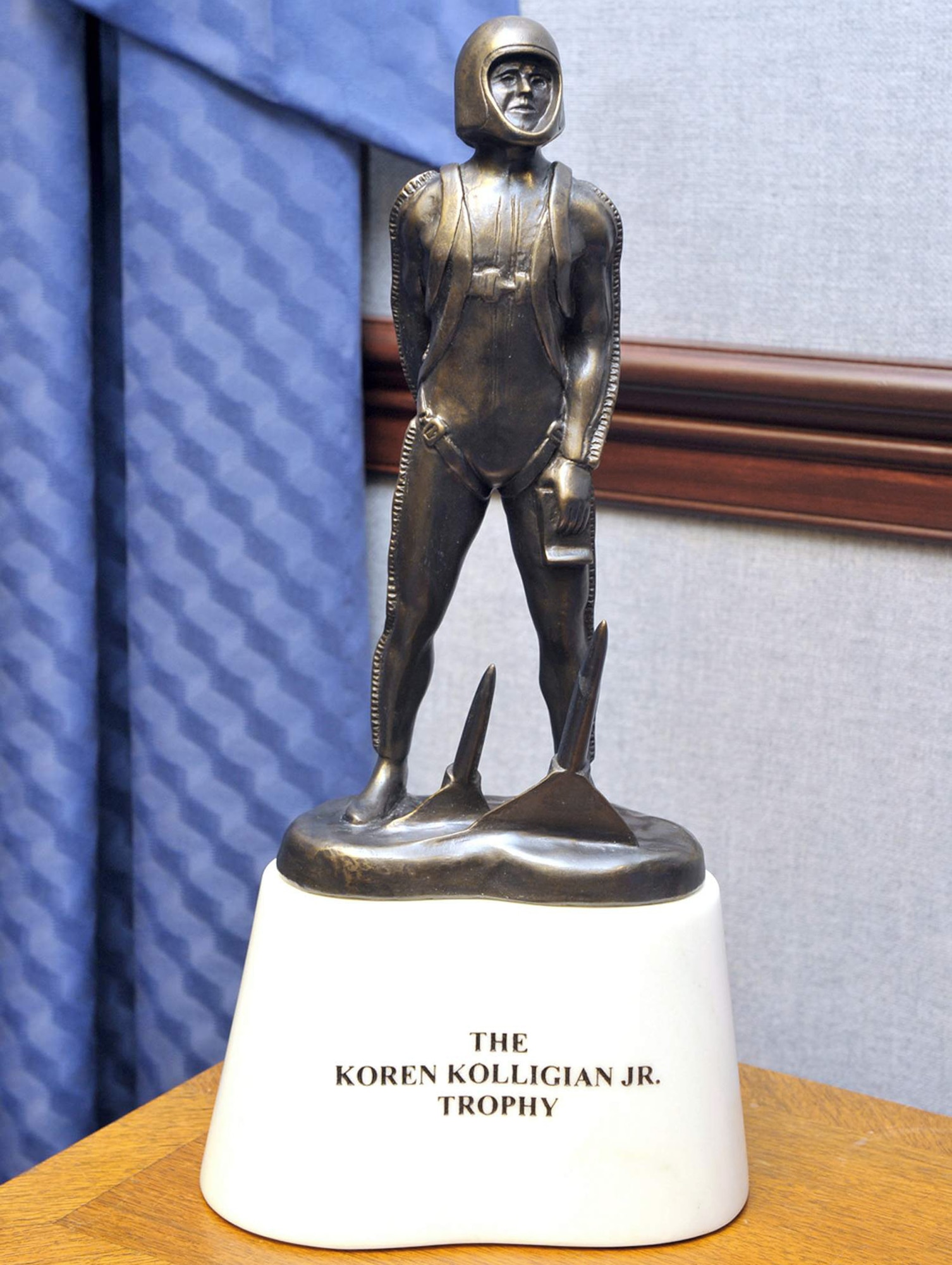 The Kolligian Trophy, established in 1958, is the only Air Force individual safety award personally presented by the Air Force chief of staff. The trophy, a symbolic representation of an Air Force jet pilot, was established to recognize outstanding feats of airmanship by aircrew members who by extraordinary skill, exceptional alertness, ingenuity, or proficiency, averted accidents or minimized the seriousness of the accidents. (U.S. Air Force photo/Michael Pausic) 