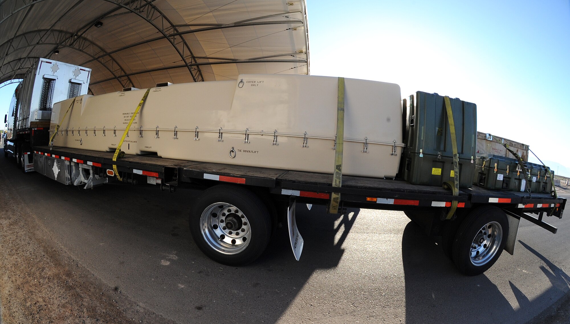The first unmanned aircraft system (UAS) arrives at Holloman Air Force Base, N.M., in a semi-truck, June 16. The Predator is part of a UAS program which is currently housed temporarily at Holloman pending an announcement on the official location of the second UAS Formal Training Unit. (U.S. Air Force photo/Senior Airman Michael Means)