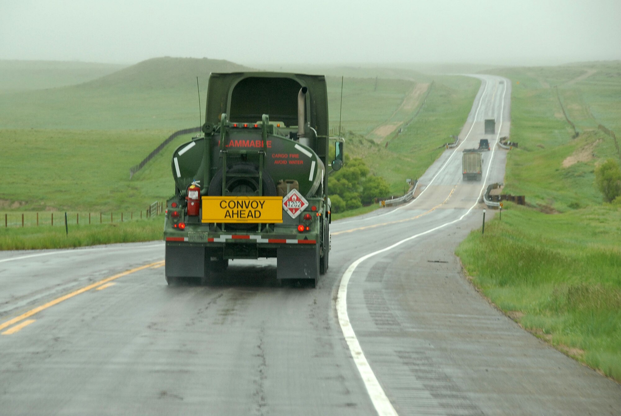 A Mission Support Fuel Simi Truck with the 137th Space Warning Squadron (SWS) follows a convoy heading to Ellsworth Air Force Base June 8, 2009 Colorado.  The 137th SWS is training at Ellsworth AFB to further enhance their one of a kind worldwide capable mission as well adding confidence and esprit de corps. (U.S Air Force photo by: Tech. Sgt. Wolfram M. Stumpf/Released)