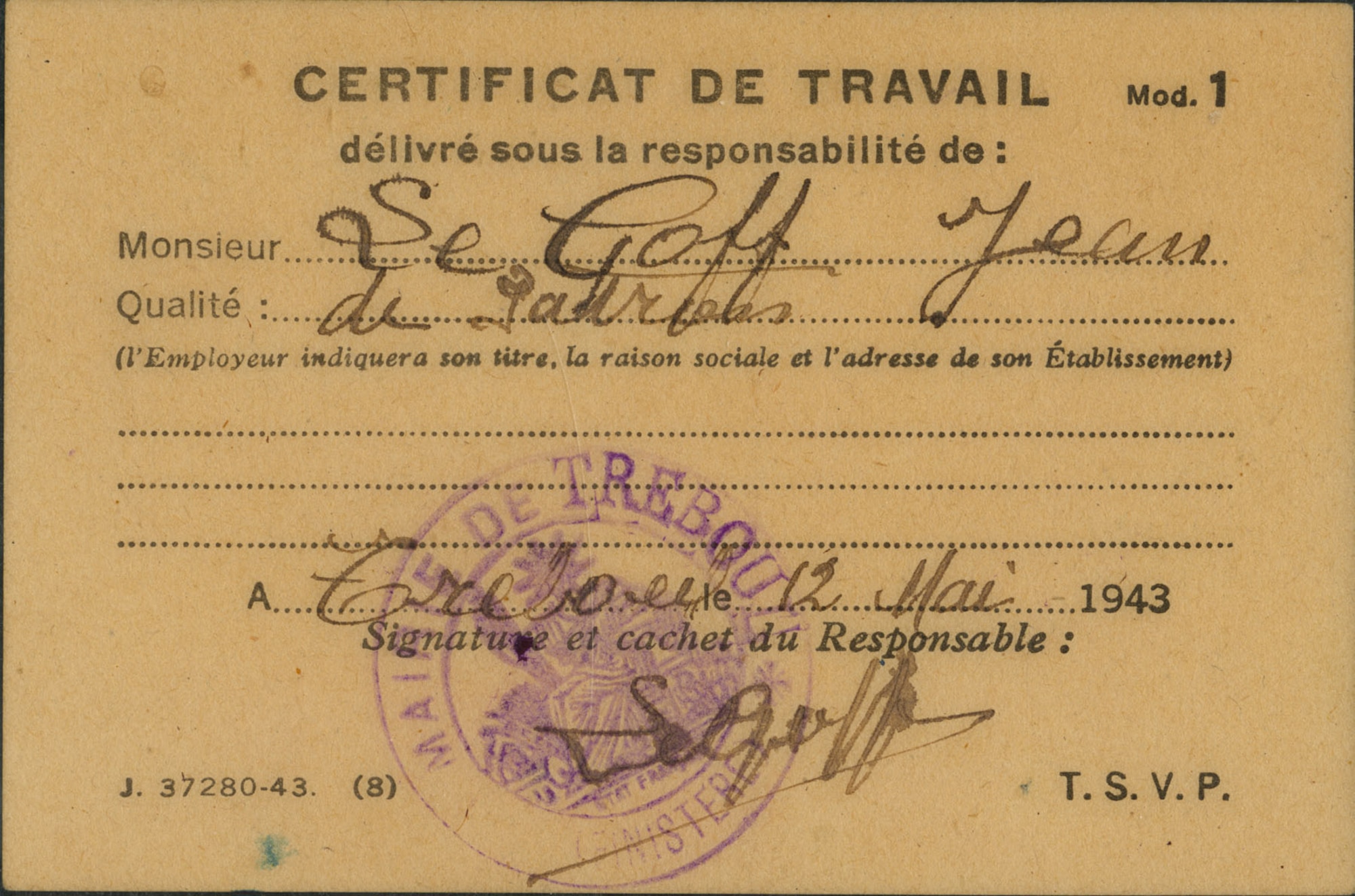 Members of the French Resistance created these false identification papers for Lt Patton. This paper (front) was required specifically for travel in the coastal region of France (U.S. Air Force)