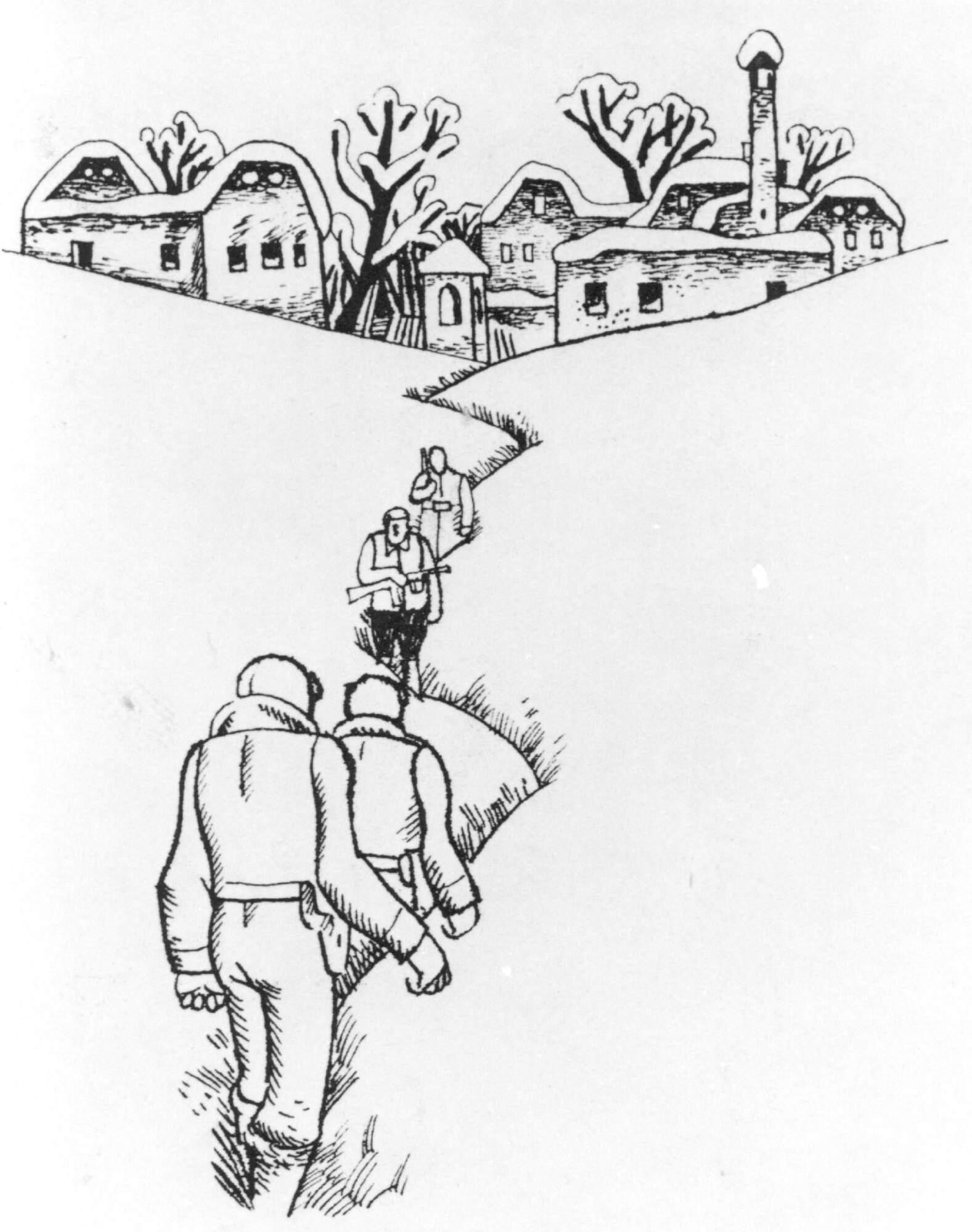 Like their western European counterparts, resistance fighters in the Balkans offered assistance to downed Airmen. On March 19, 1944, partisan painter Ive Subic and a courier came across two USAAF B-24 crewmen who had been shot down over Slovenia. Subic drew an illustration of the encounter. (U.S. Air Force)