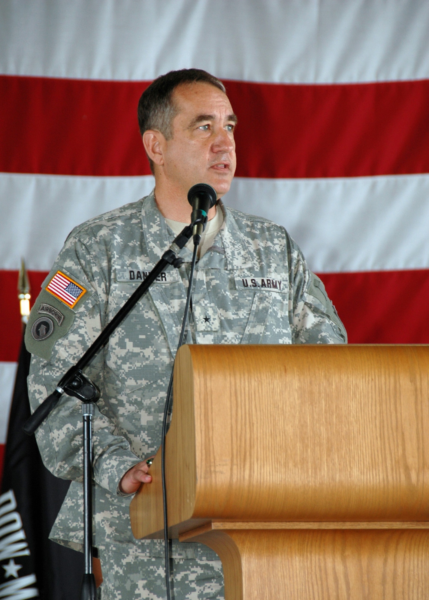 END OF AN ERA.  Brig. General Stephen Danner, Adjutant General State of Missouri, spoke at the 131st Fighter Wing End of Era Ceremony, at the Missouri Air National Guard Base-Lambert Field, June 13, 2009.  "The spirit of the 131st is not reprsented by the iron, but by those who are here--past and present," said Danner.  The ceremony commemorated the culmination of 86 years of flying operations in Saint Louis.  (U.S. Air Force Photo by Senior Airman Amber Hodges.  RELEASED)