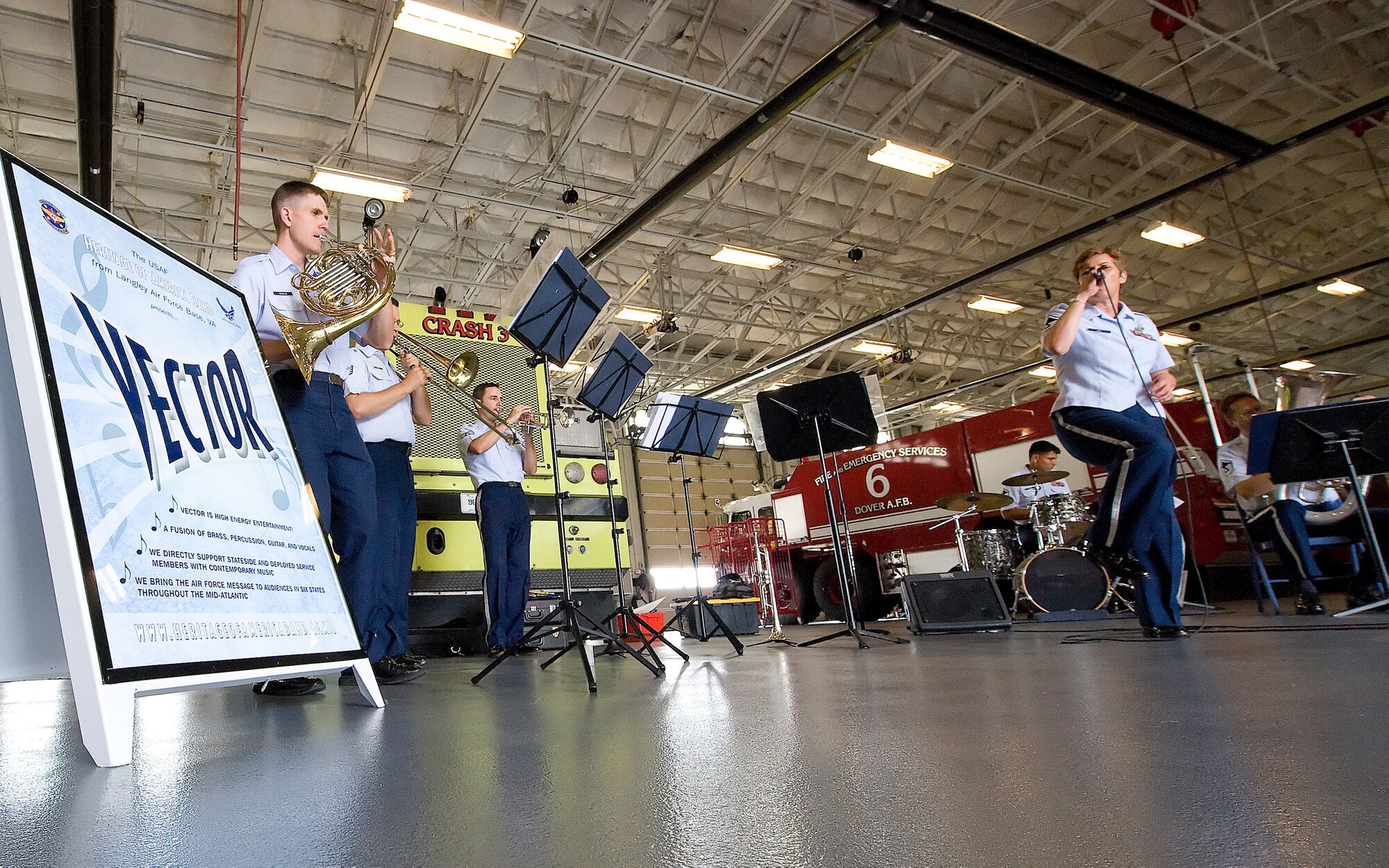 Vector, a traveling ensemble from the Heritage of America Band stationed at Langley Air Force Base, Va., performs at the Fire Station at Dover Air Force Base June 15. Vector performed at several locations around Dover AFB and the local community. (U.S. Air Force photo/Tom Randle)