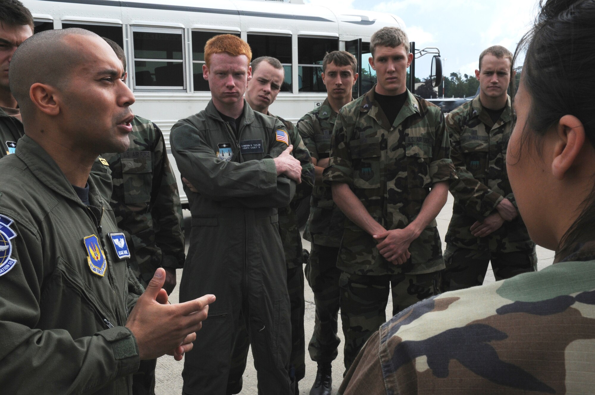 U.S. Air Force Capt Reginald Brown, 86th Aeromedical Evacuation Squadron, briefs U.S. Air Force Academy cadets on the various responsibilities of the Contingency Aeromedical Staging Facility, Ramstein Air Base, Germany, June 16, 2009.  The cadets are participating in Operation Air Force, a summer program which provides exposure to real-world Air Force base environments and prepares the cadets for the transition from academy life to active duty.  (U.S. Air Force photo by Staff Sgt. Chenzira Mallory)